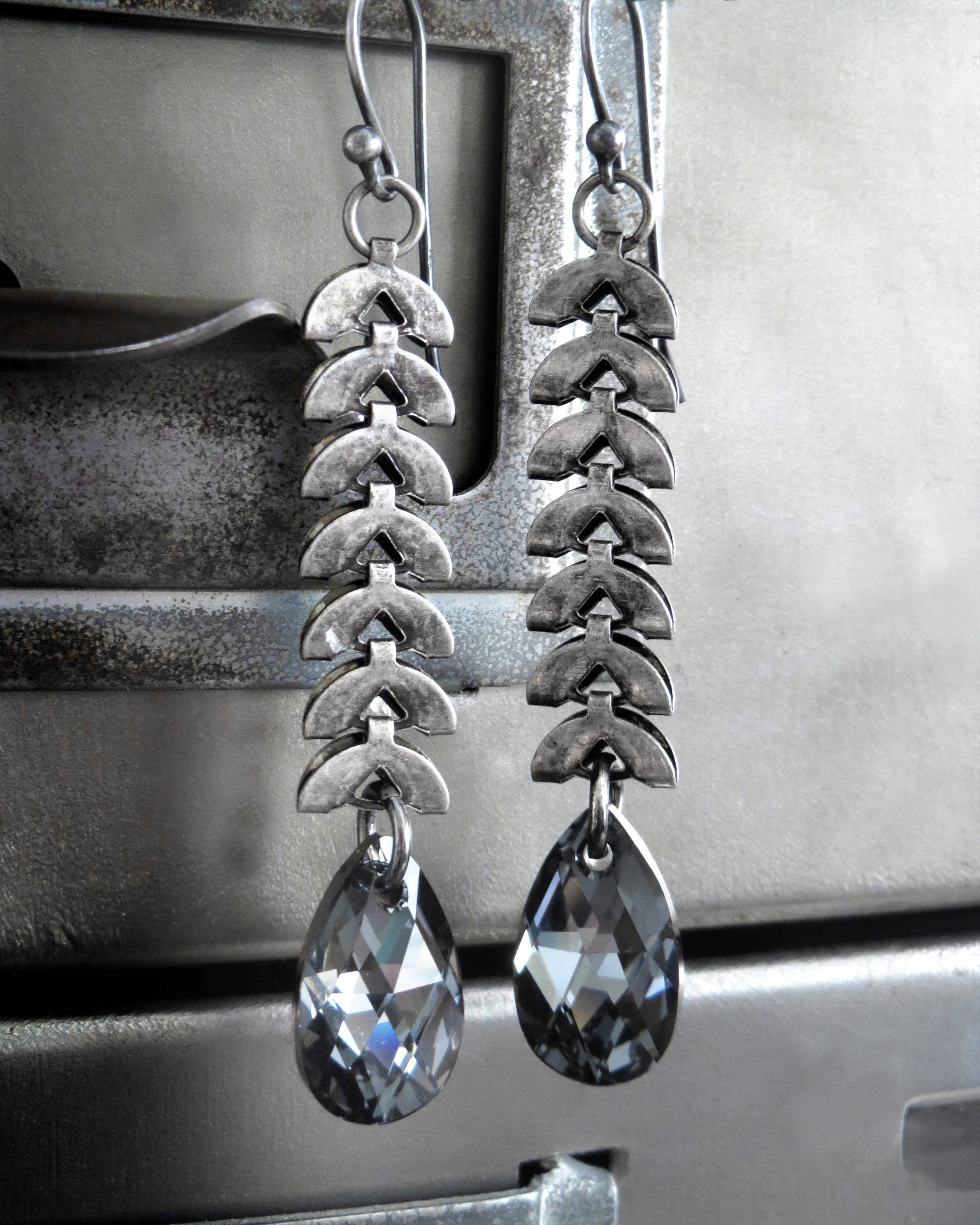 LUNA - Black Crystal Teardrop Earrings with Antiqued Silver Crescent Chain, Long Chain Earrings w Black Pear Crystal - Modern Earrings