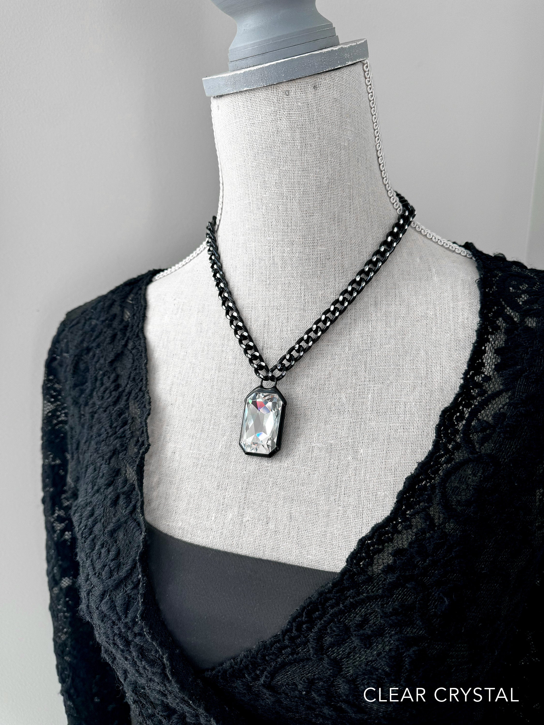 EMERGE - Large Clear Crystal Pendant Necklace, Thick Silver Black Chain, Hand Soldered Black Bezel - Bold Statement Necklace, Modern Jewelry