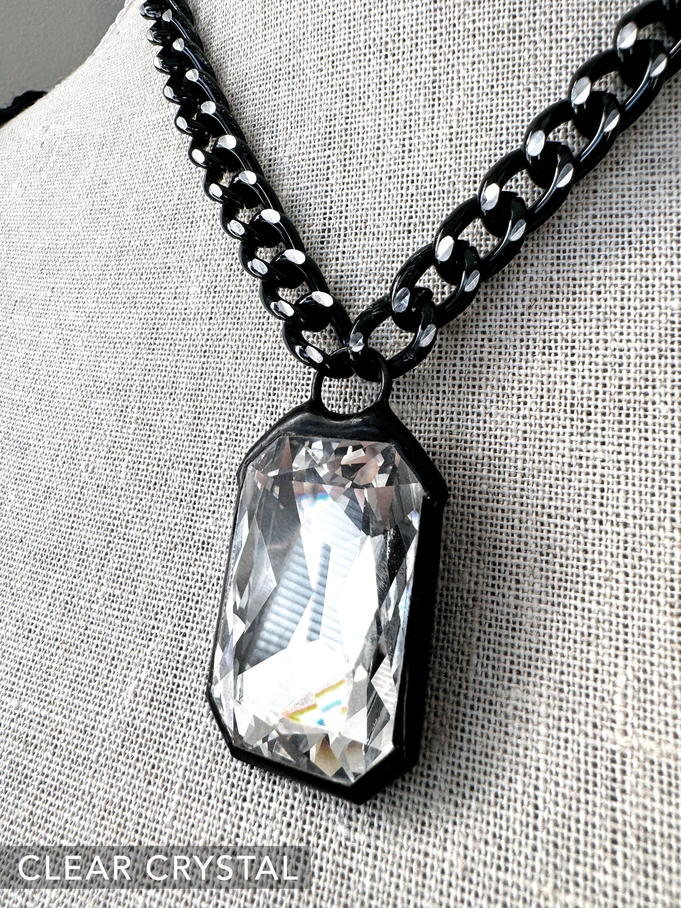 EMERGE - Large Clear Crystal Pendant Necklace, Thick Silver Black Chain, Hand Soldered Black Bezel - Bold Statement Necklace, Modern Jewelry