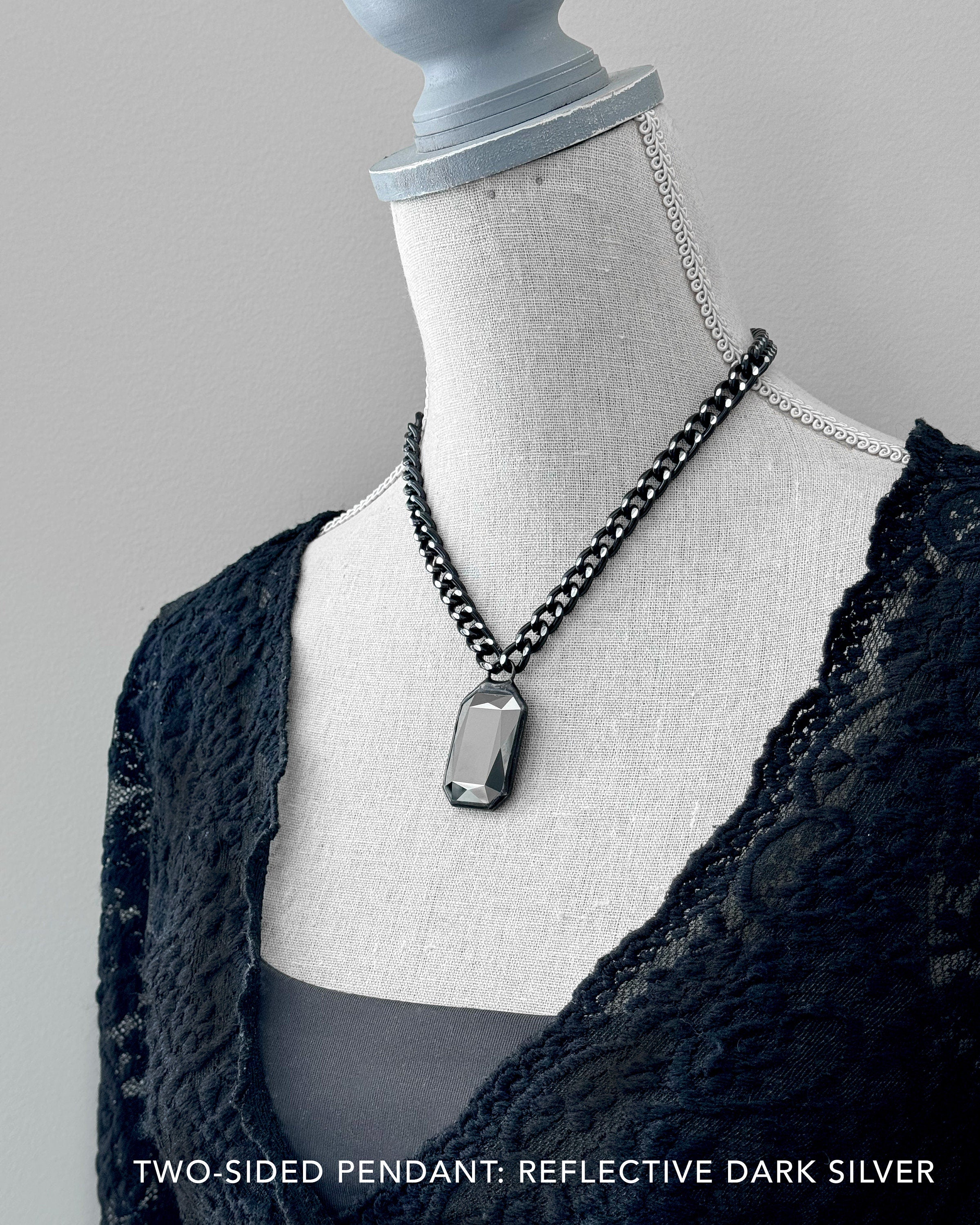 CARBON - Large Crystal Statement Necklace - Two-Sided Metallic Dark Silver + Black Crystal Pendant, Thick Silver Black Chain, Modern Jewelry