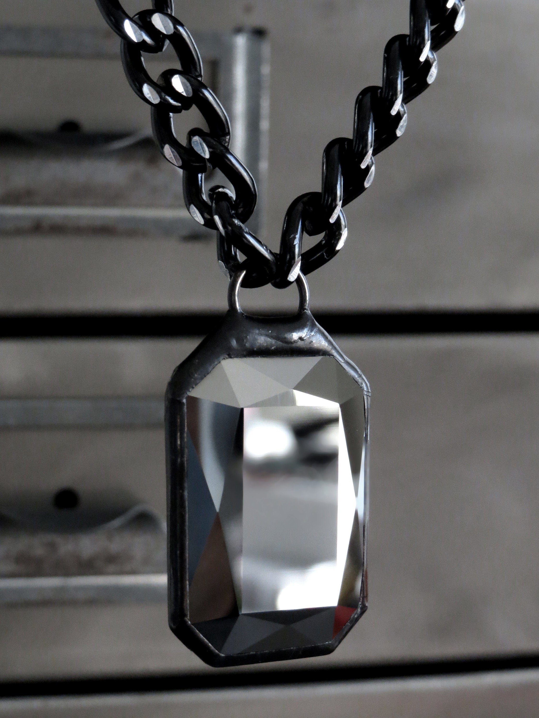 CARBON - Large Crystal Statement Necklace - Two-Sided Metallic Dark Silver + Black Crystal Pendant, Thick Silver Black Chain, Modern Jewelry