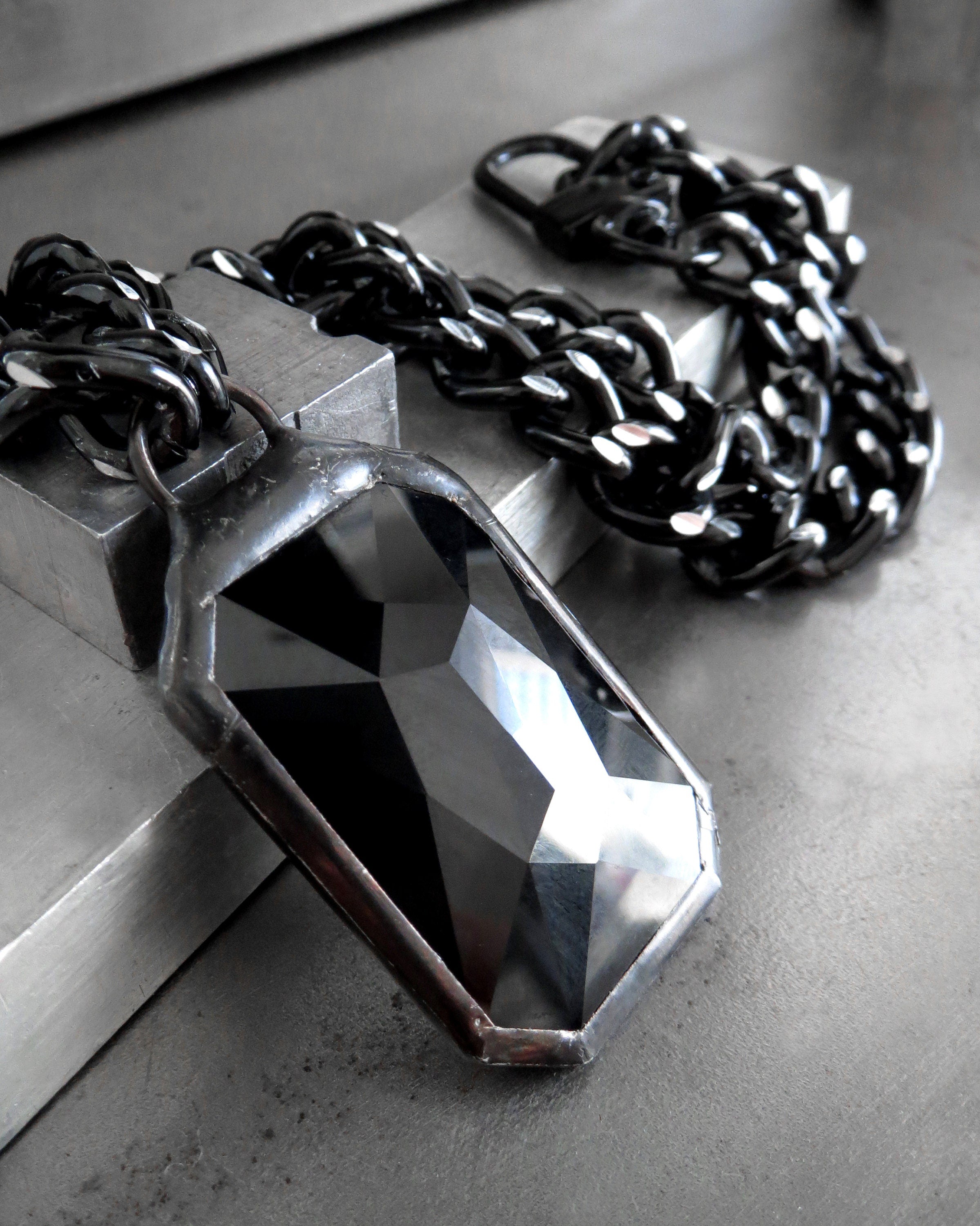 CARBON - Large Crystal Statement Necklace - Two-Sided Metallic Dark Silver + Black Crystal Pendant, Thick Silver Black Chain, Modern Jewelry