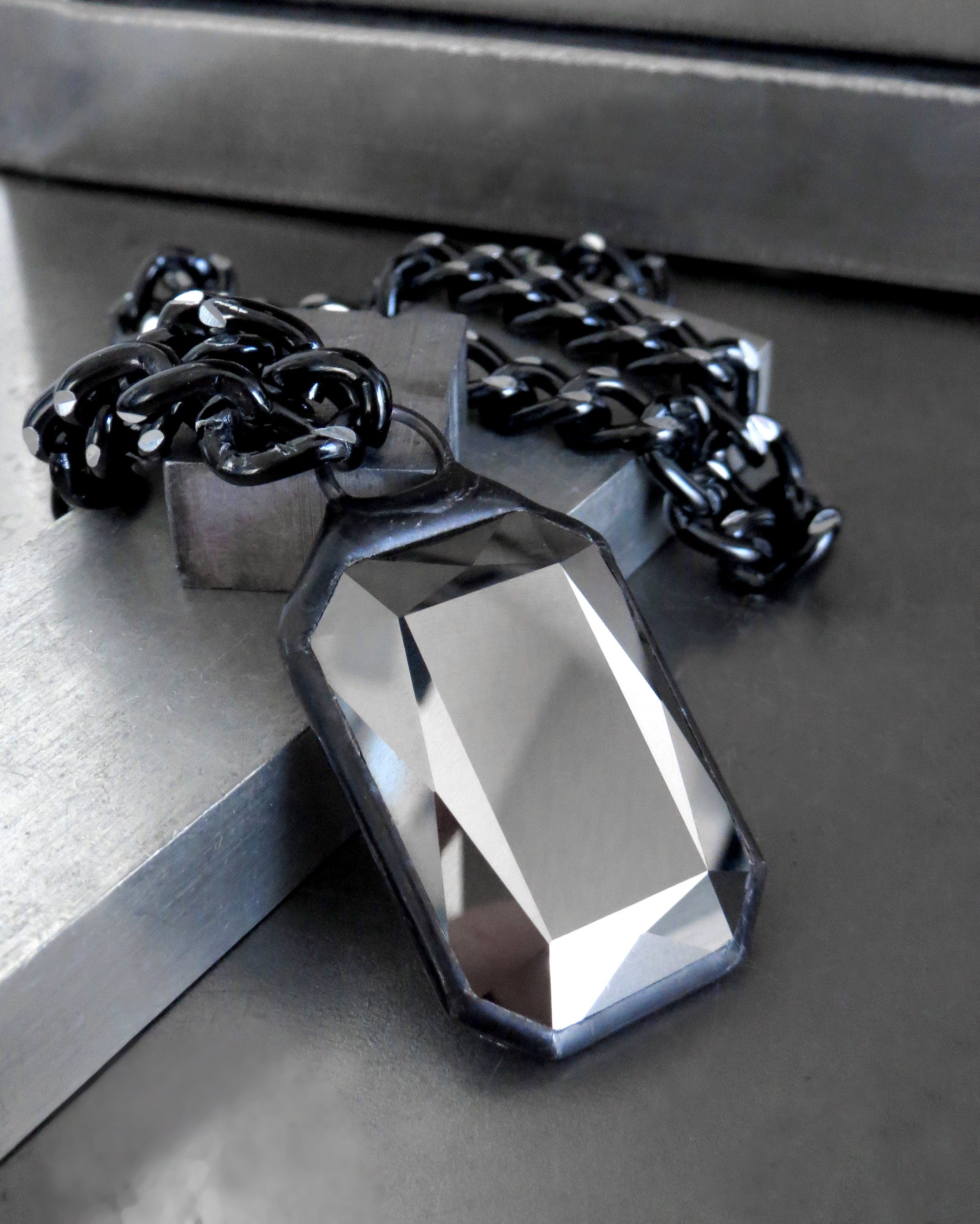 CARBON - Large Crystal Statement Necklace - Two-Sided Metallic Dark Silver + Black Crystal Pendant, Thick Silver Black Chain, Modern Jewelry