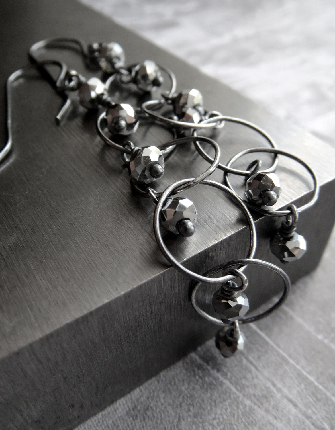 SILVER RAIN - Oxidized Sterling Silver Circle Chain Earrings