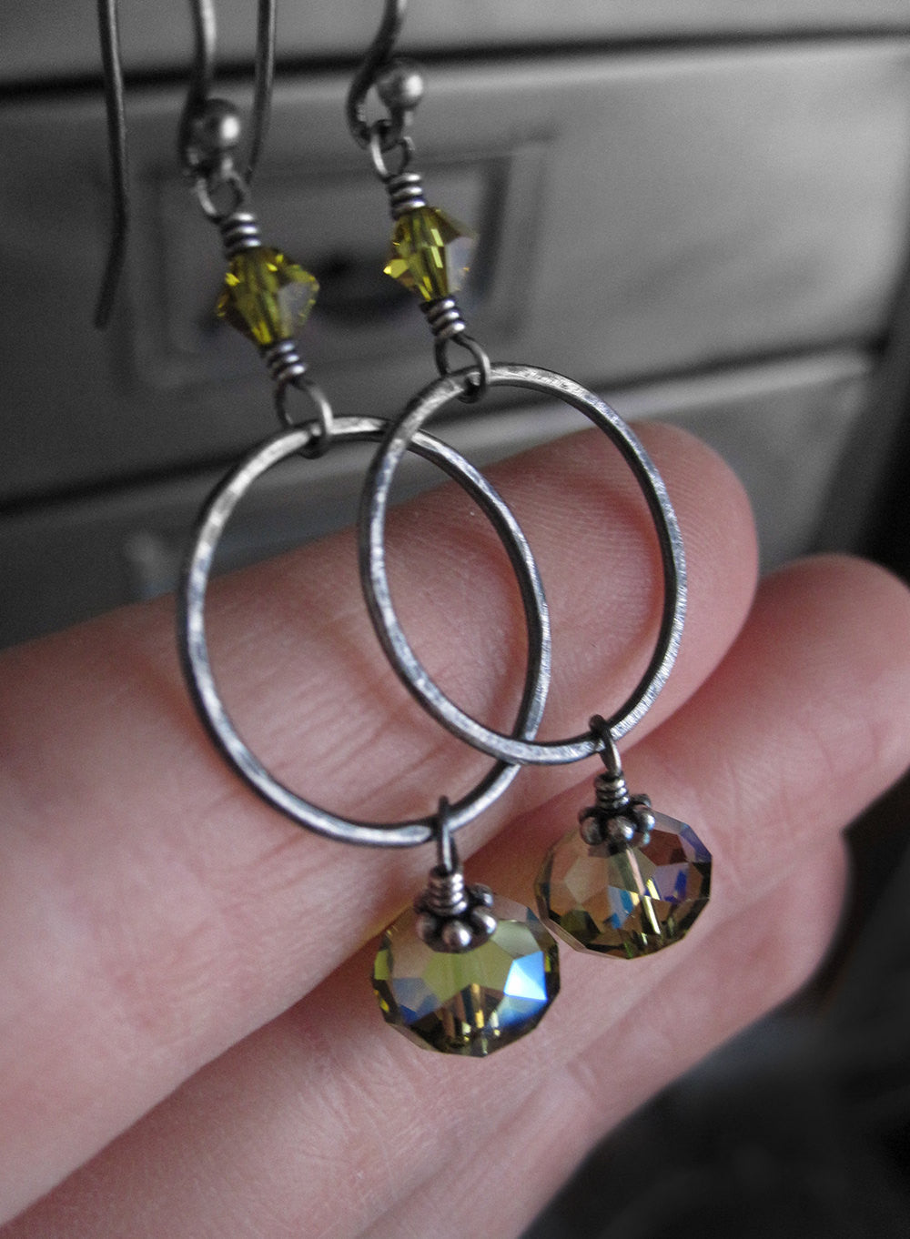 UNION - Olive Green Crystal Hoop Earrings
