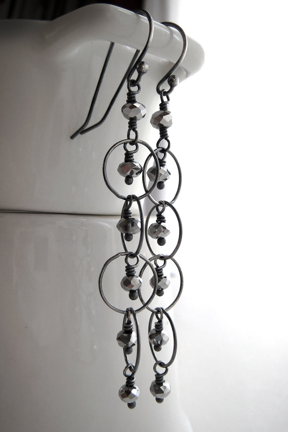 SILVER RAIN - Oxidized Sterling Silver Circle Chain Earrings