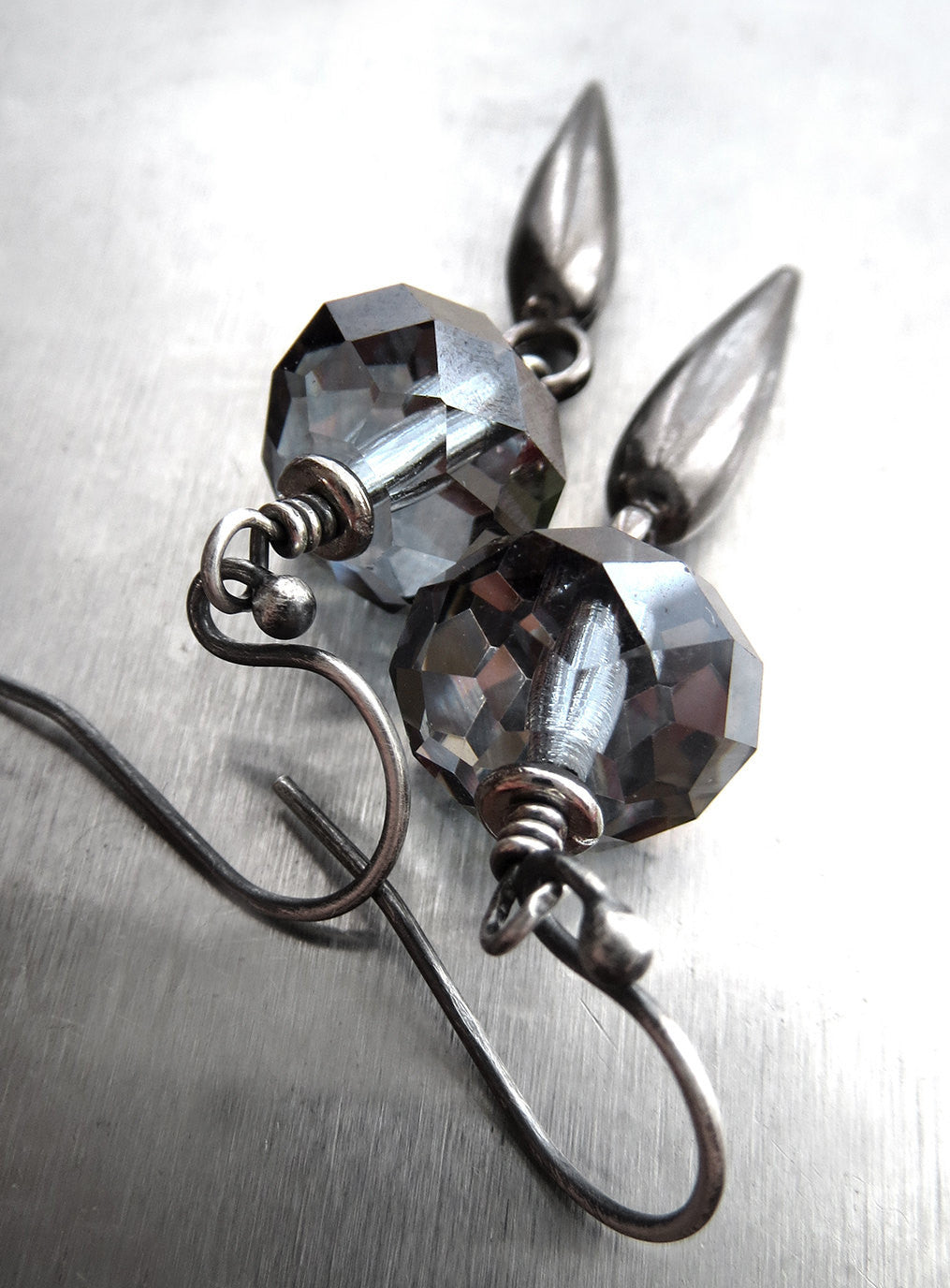 Black Metallic Gunmetal Spike Earrings with Crystals
