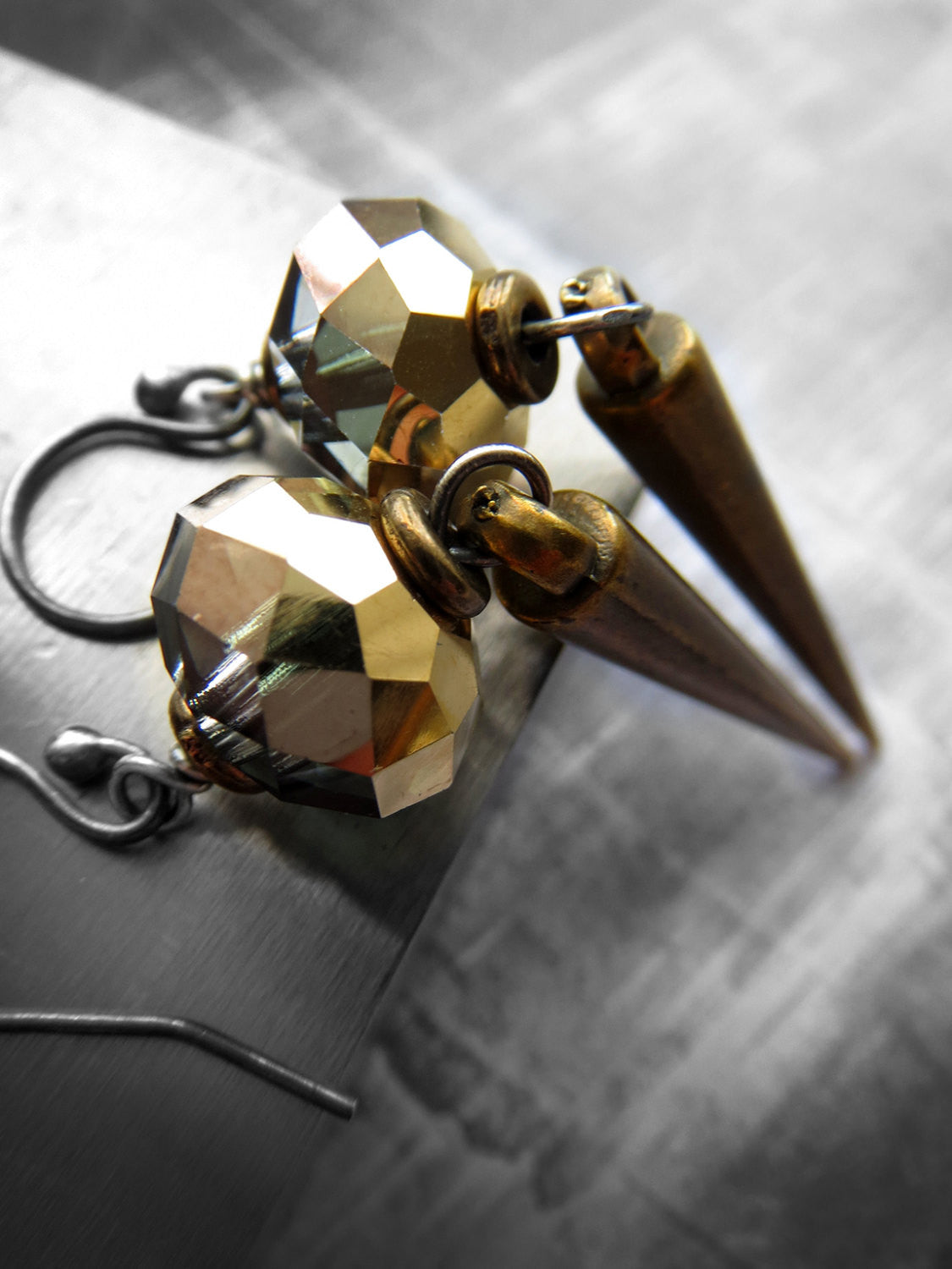 GILDED DAGGER - Antiqued Brass Spike Earrings with Crystal