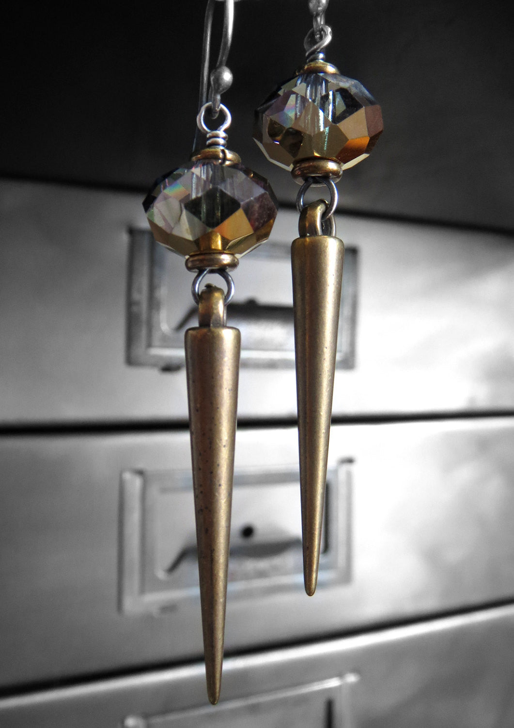 GILDED DAGGER - Antiqued Brass Spike Earrings with Crystal