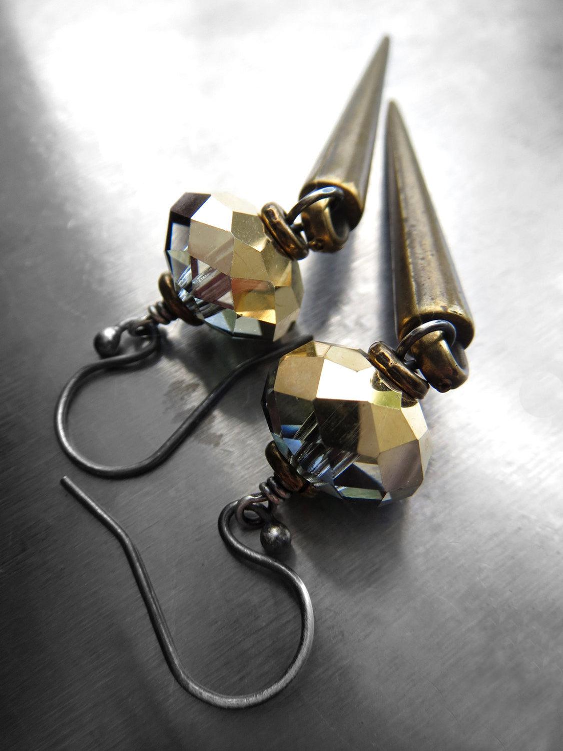 GILDED DAGGER - Antiqued Brass Spike Earrings with Crystal