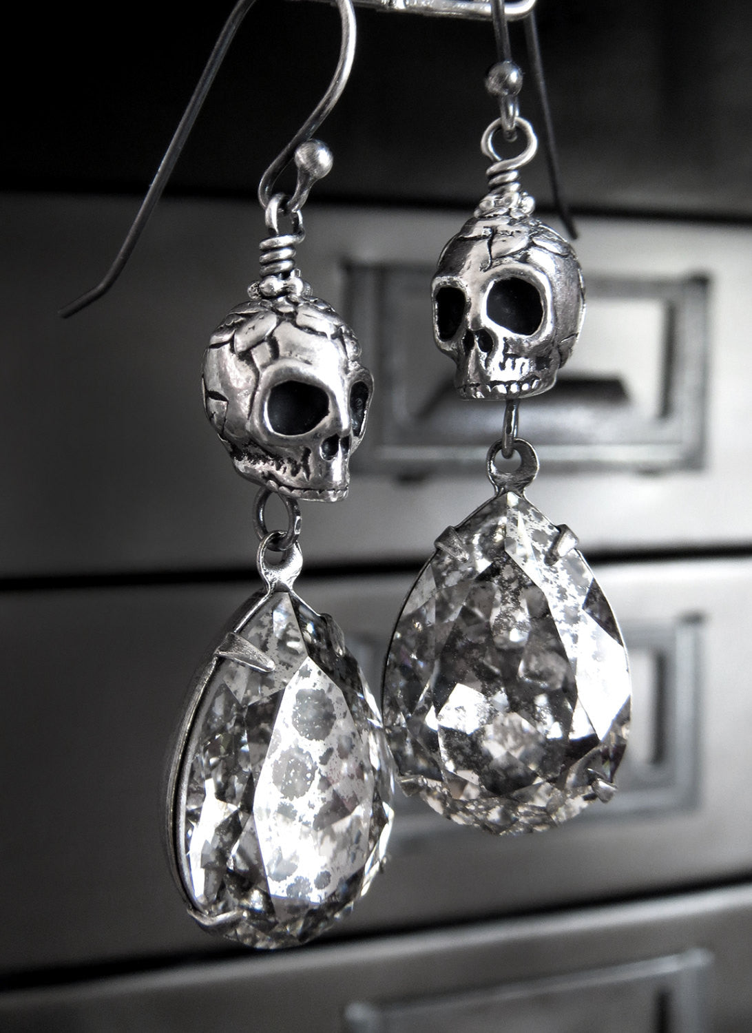 Gothic Silver Skull Earrings with Patina Crystal Teardrops