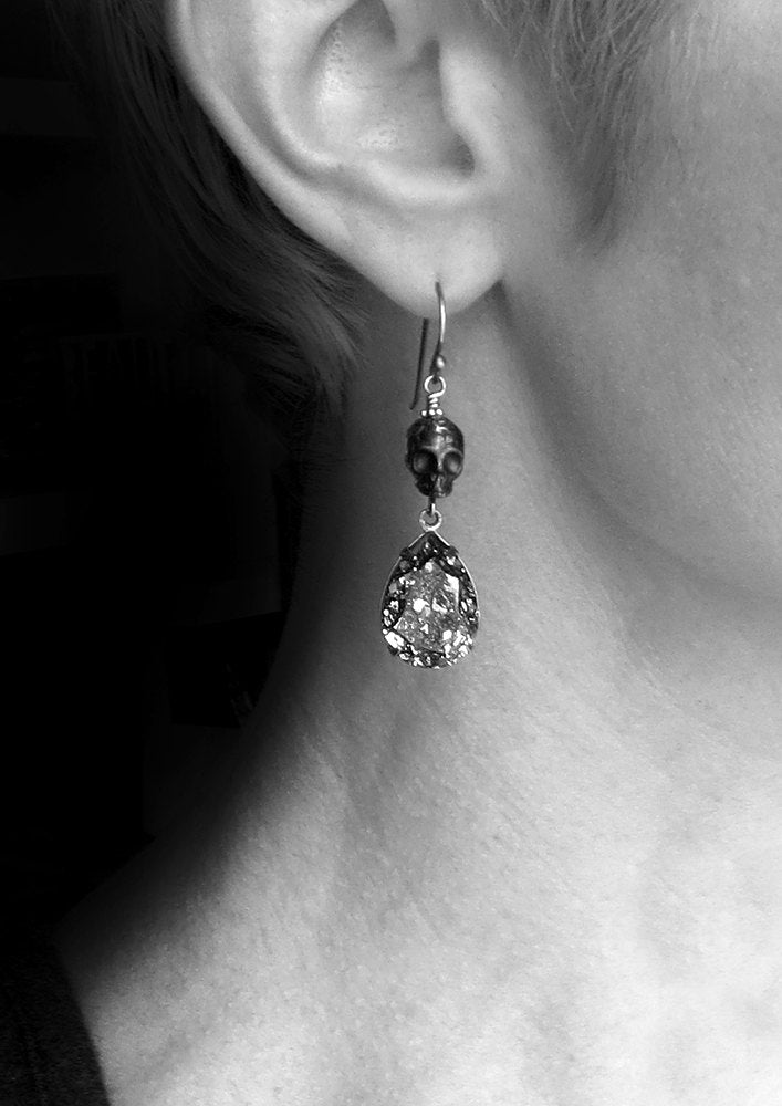 Black Skull Earrings with Black Patina Crystal Teardrops