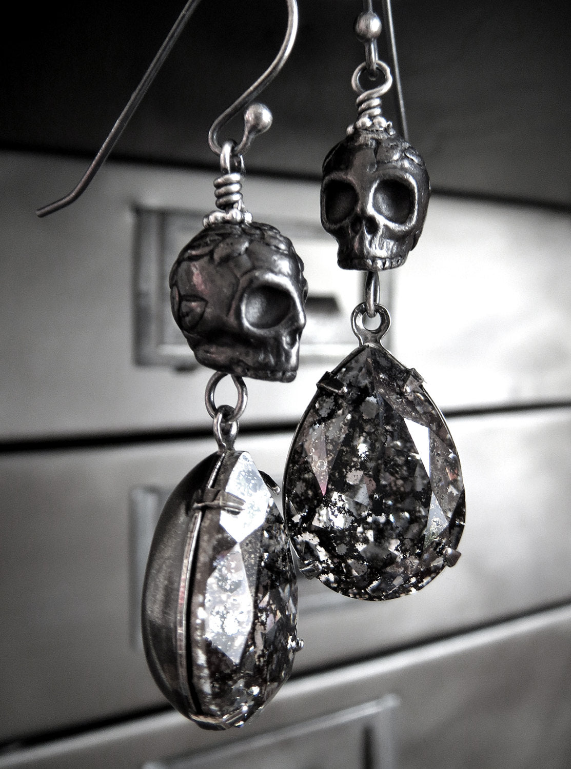 Black Skull Earrings with Black Patina Crystal Teardrops