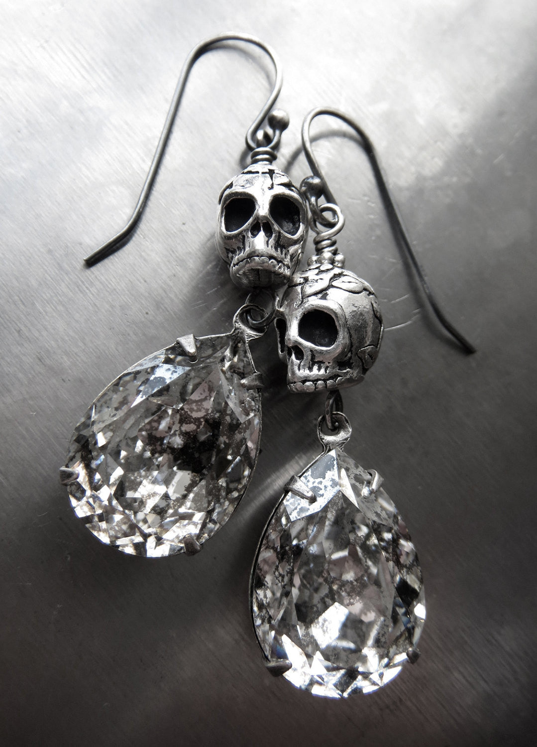 Gothic Silver Skull Earrings with Patina Crystal Teardrops