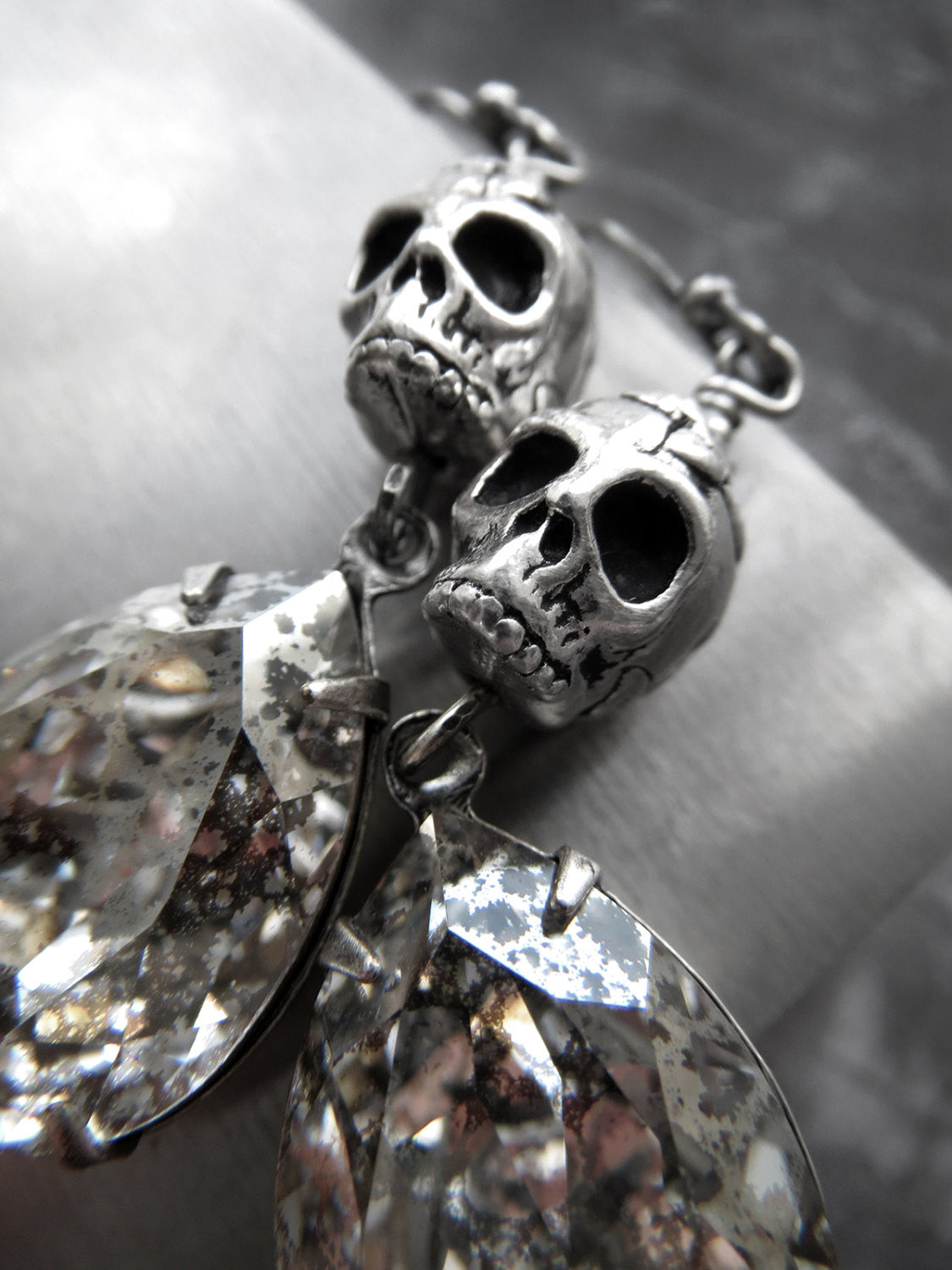 Gothic Silver Skull Earrings with Patina Crystal Teardrops