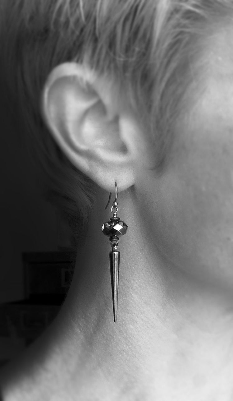 Gunmetal Black Spike Earrings with Crystal Accents