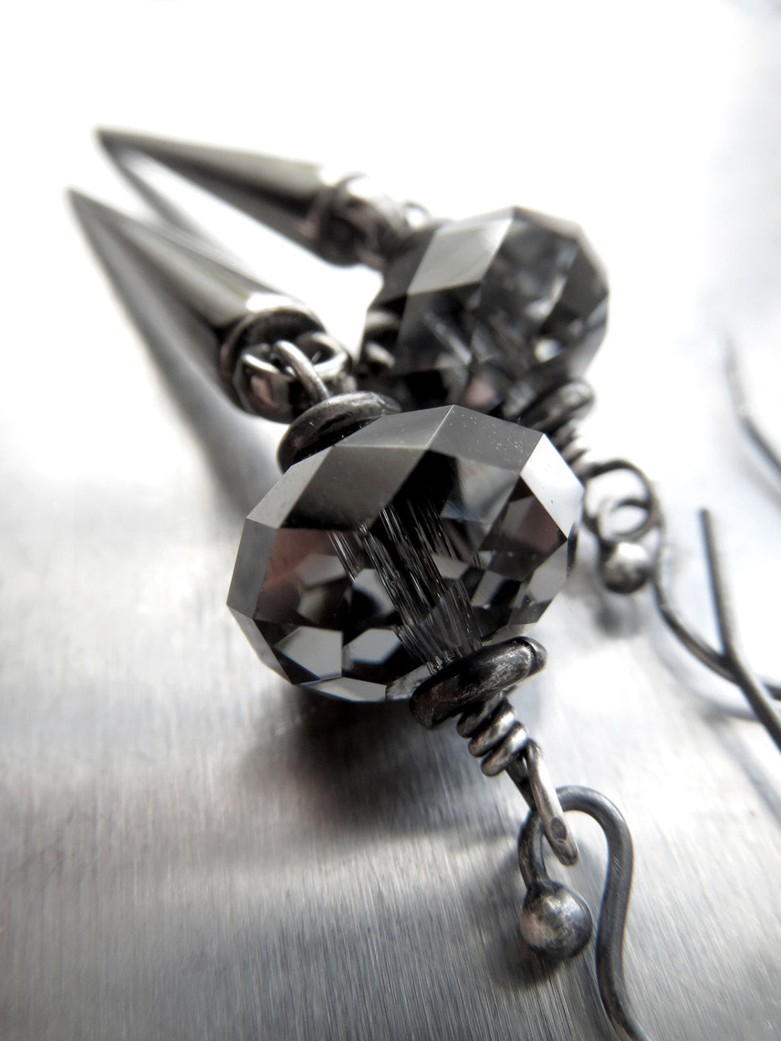 Gunmetal Black Spike Earrings with Crystal Accents