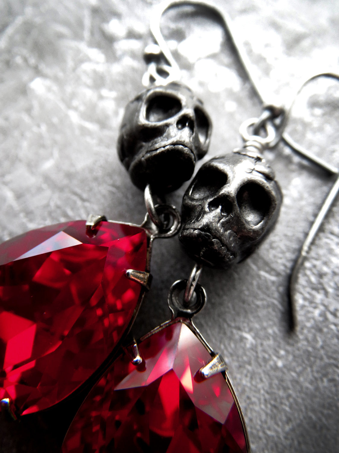 Black Skull Earrings with Blood Red Crystal Teardrops