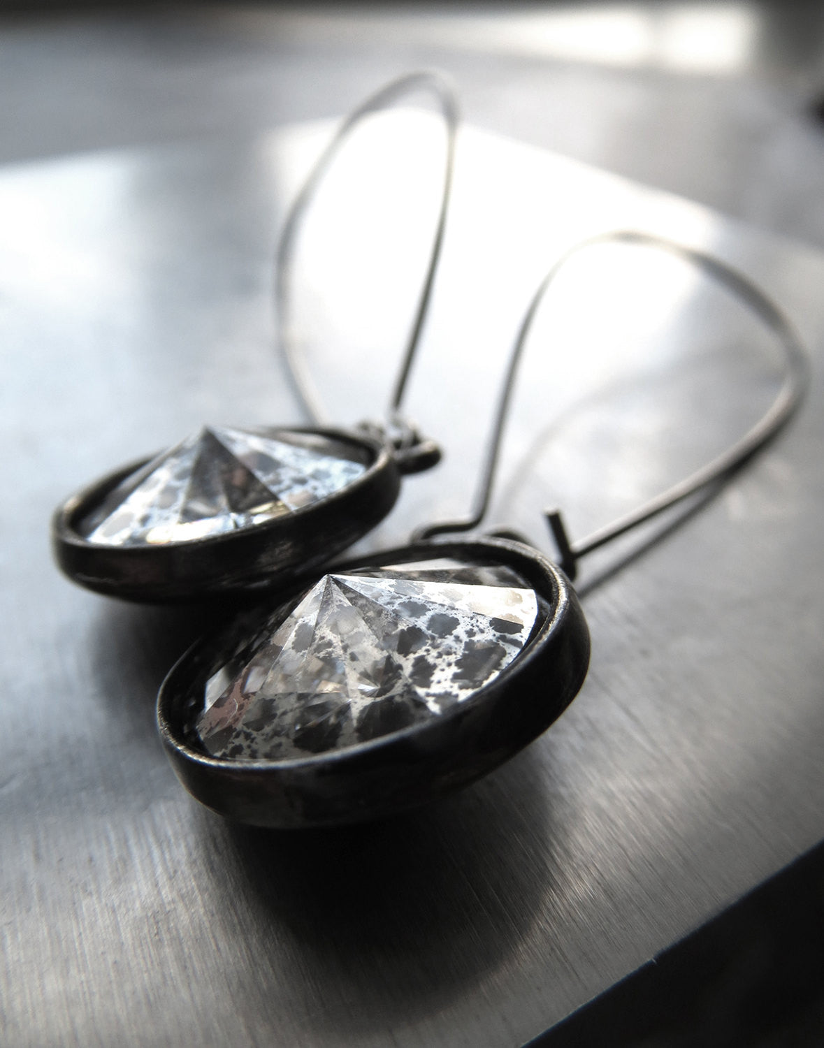 MERCURY - Silver Patina Rivoli Crystal Earrings