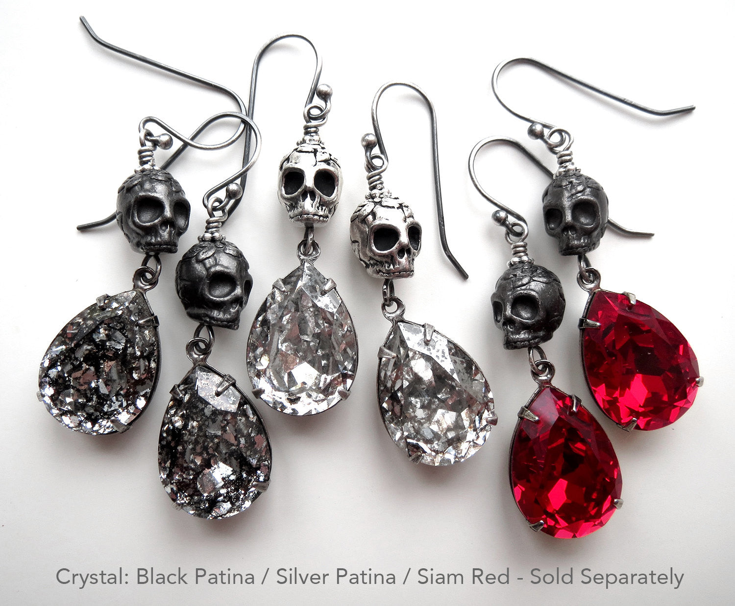 Gothic Silver Skull Earrings with Patina Crystal Teardrops