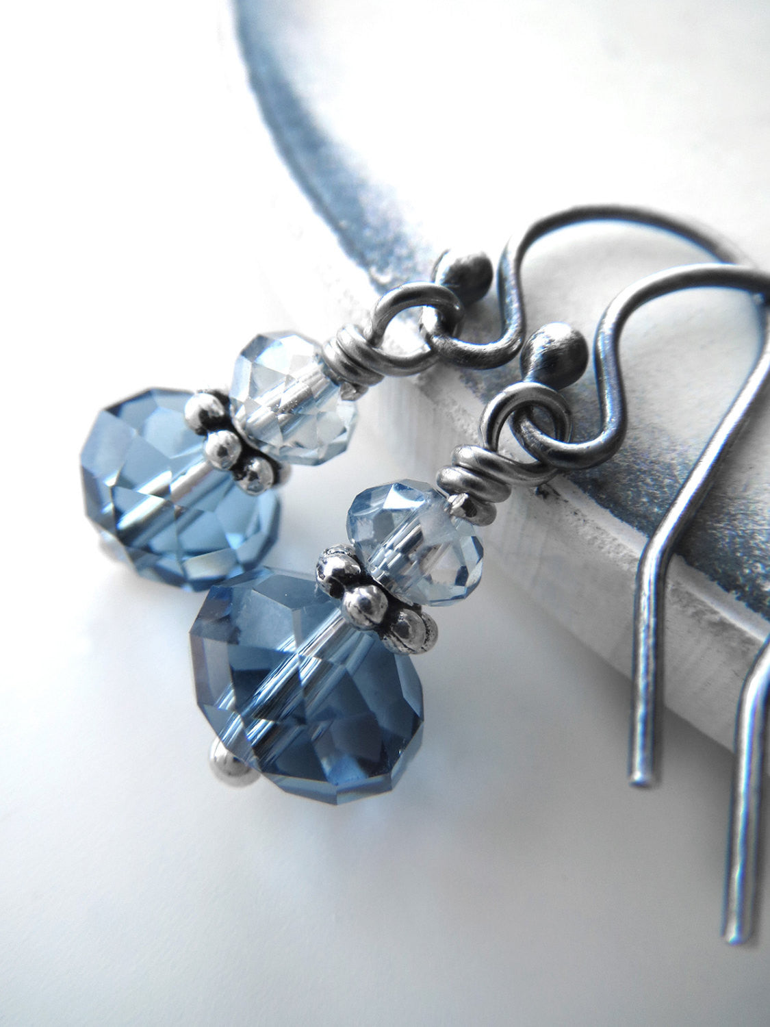 Tiny Blue Crystal Earrings with Antiqued Silver