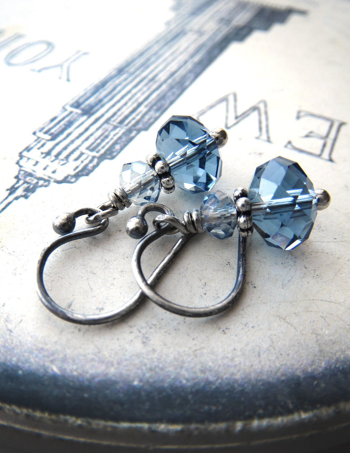 Tiny Blue Crystal Earrings with Antiqued Silver