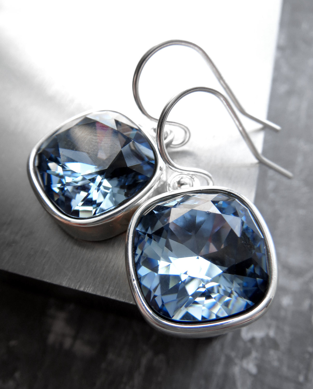 Sky Blue Crystal Earrings with Silver Bezels
