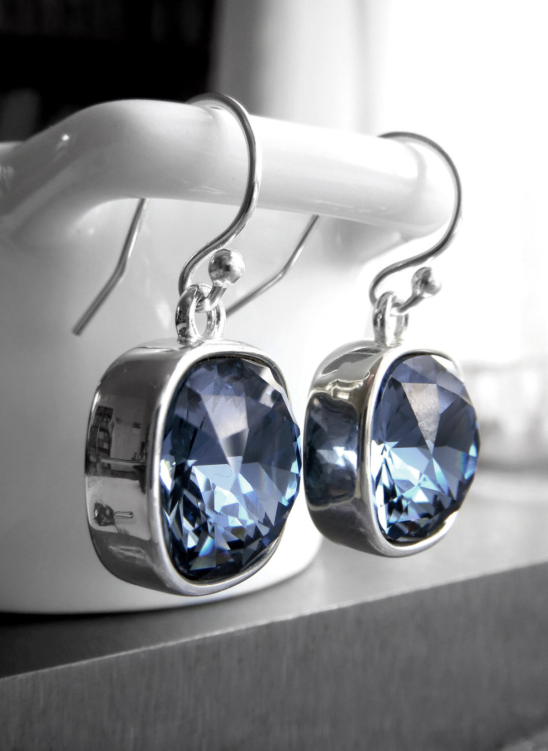 Sky Blue Crystal Earrings with Silver Bezels