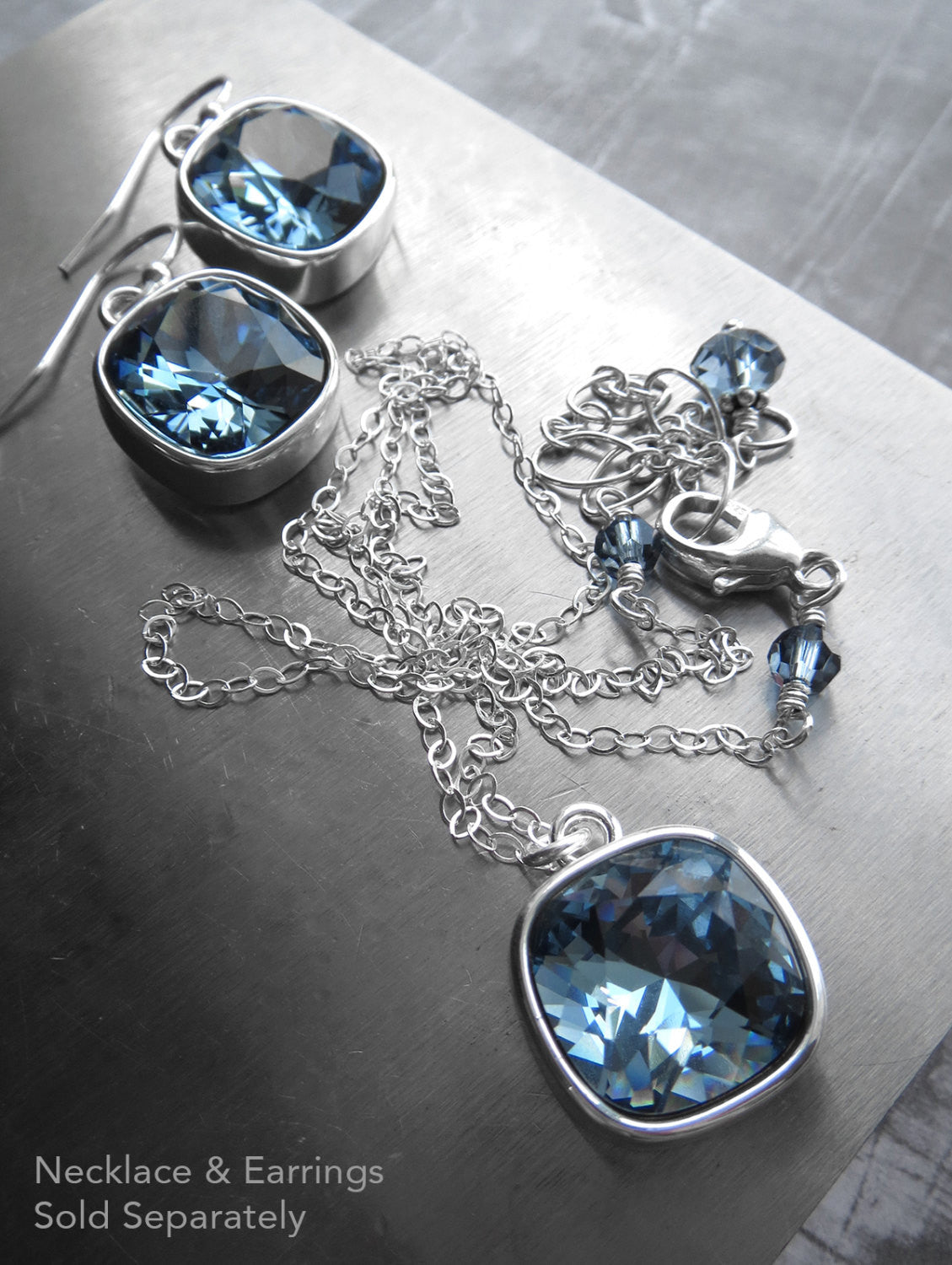 Sky Blue Crystal Earrings with Silver Bezels