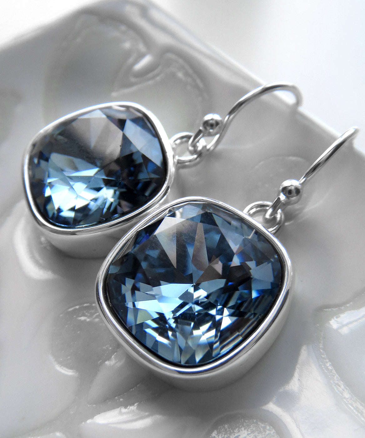 Sky Blue Crystal Earrings with Silver Bezels