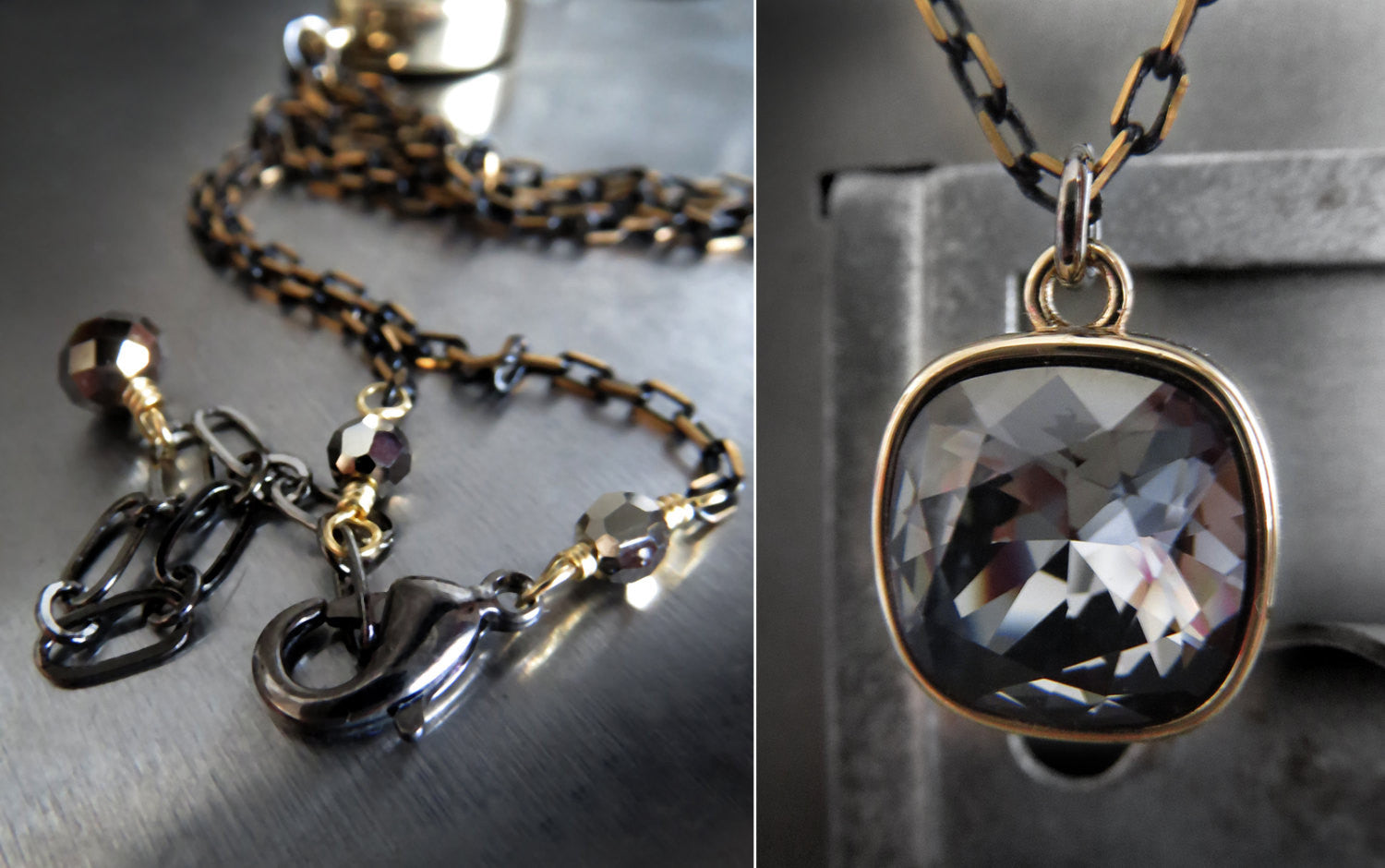 Black Night Crystal Necklace with Gold Square Pendant