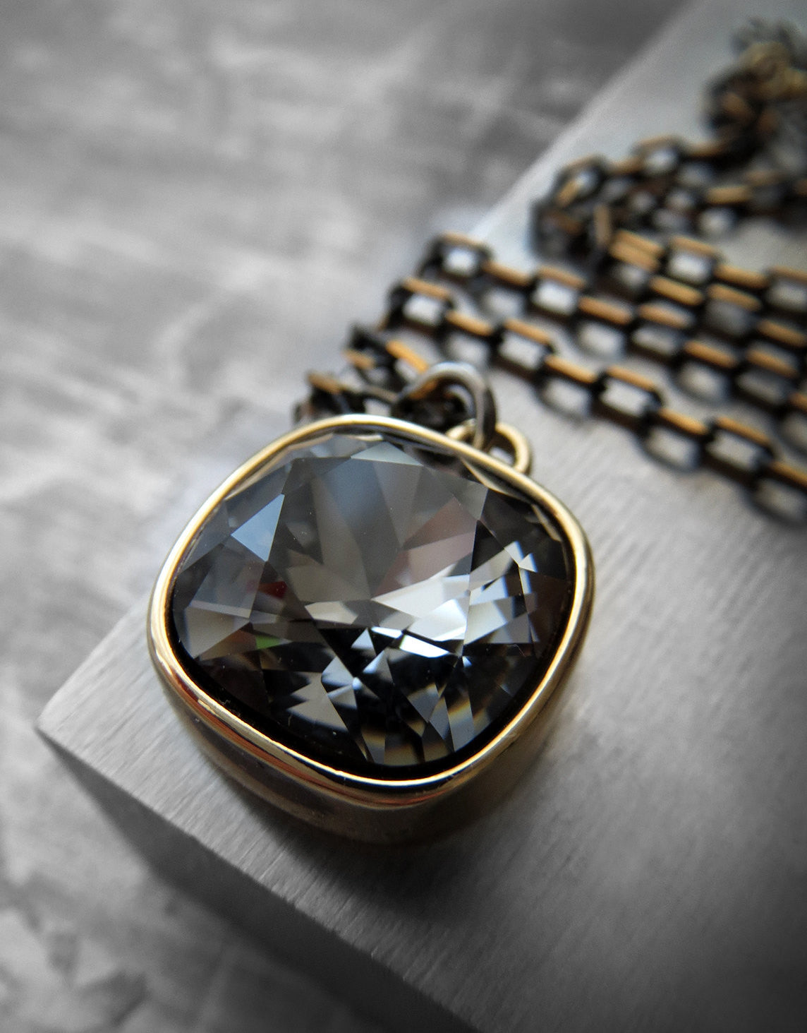Black Night Crystal Necklace with Gold Square Pendant