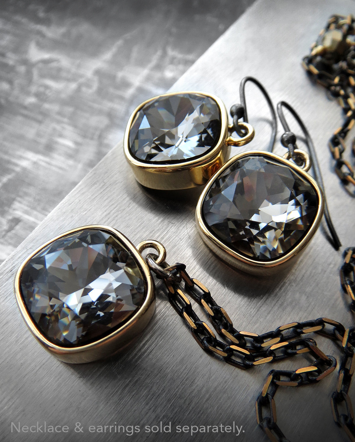 Black Night Crystal Necklace with Gold Square Pendant