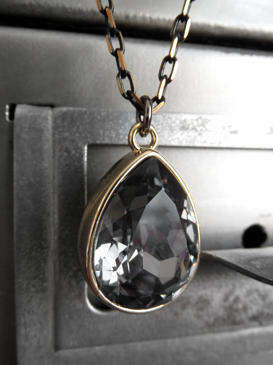 Black Night Crystal Teardrop Necklace with Gold Bezel