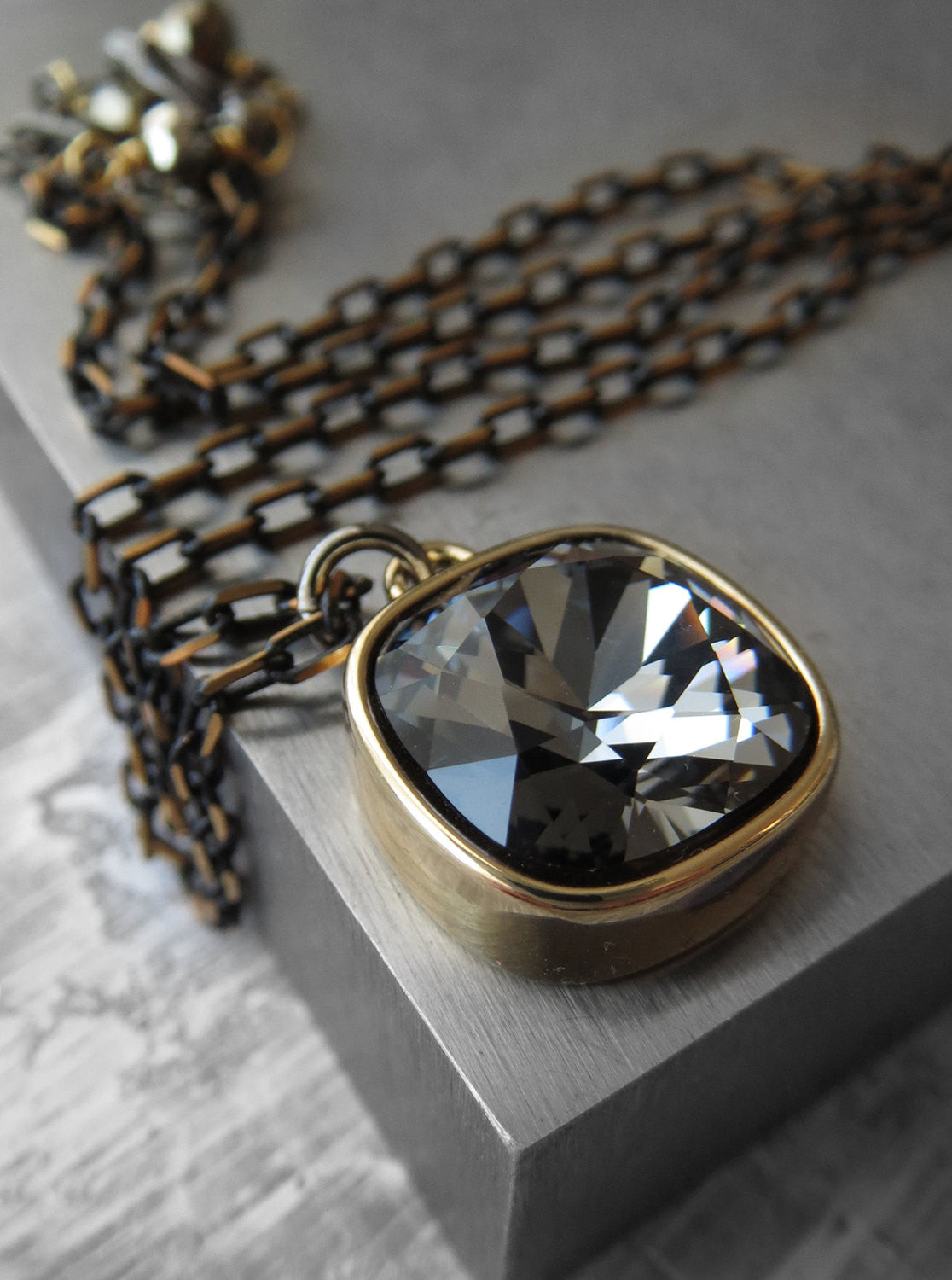 Black Night Crystal Necklace with Gold Square Pendant