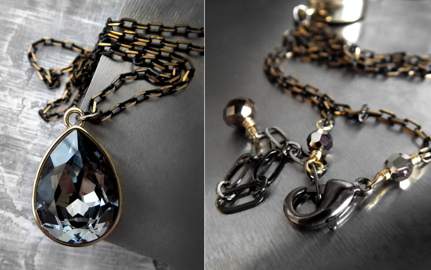 Black Night Crystal Teardrop Necklace with Gold Bezel