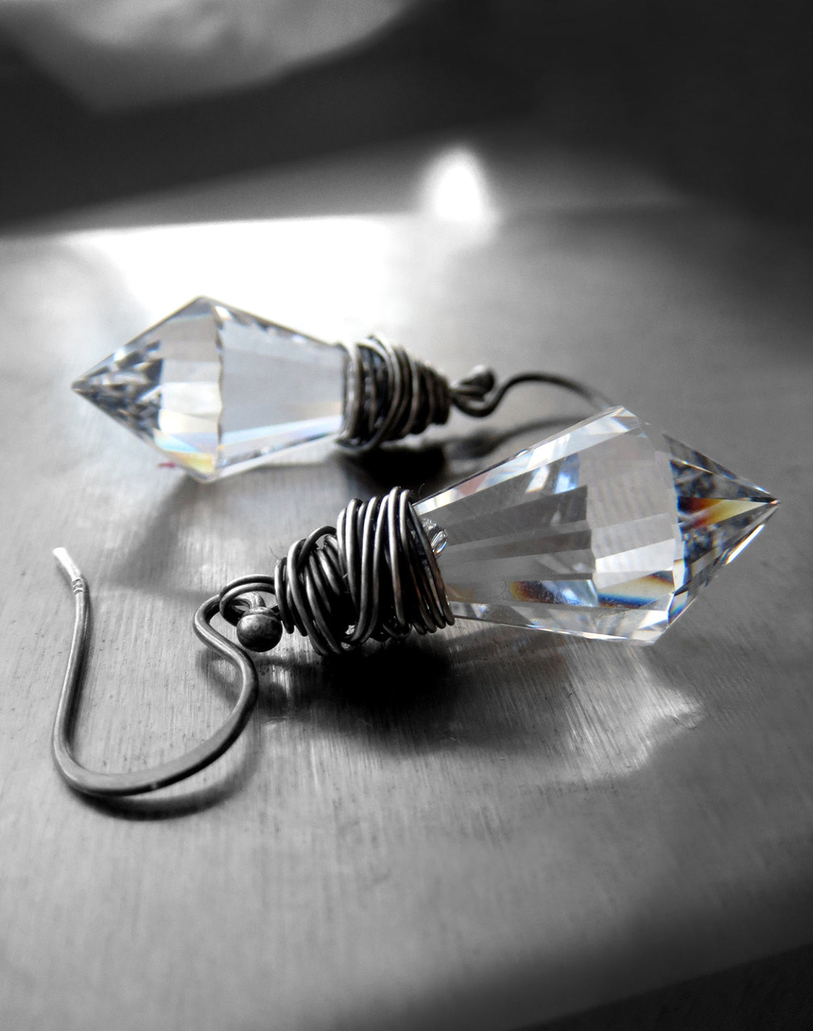 CONTRAST - Clear Crystal Spike Dagger Earrings with Oxidized Sterling Silver