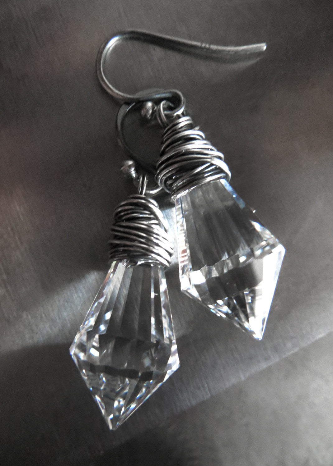 CONTRAST - Clear Crystal Spike Dagger Earrings with Oxidized Sterling Silver