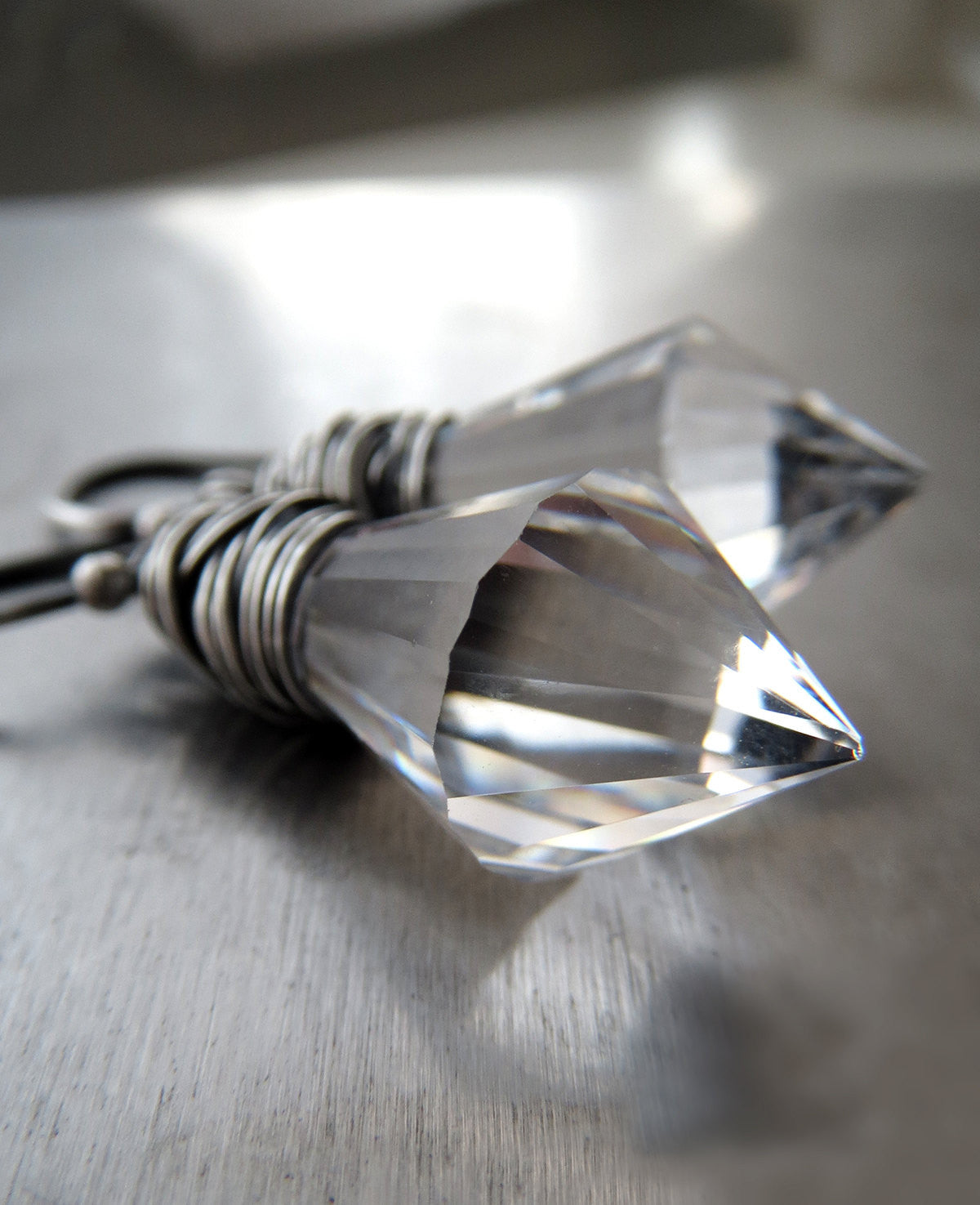 CONTRAST - Clear Crystal Spike Dagger Earrings with Oxidized Sterling Silver