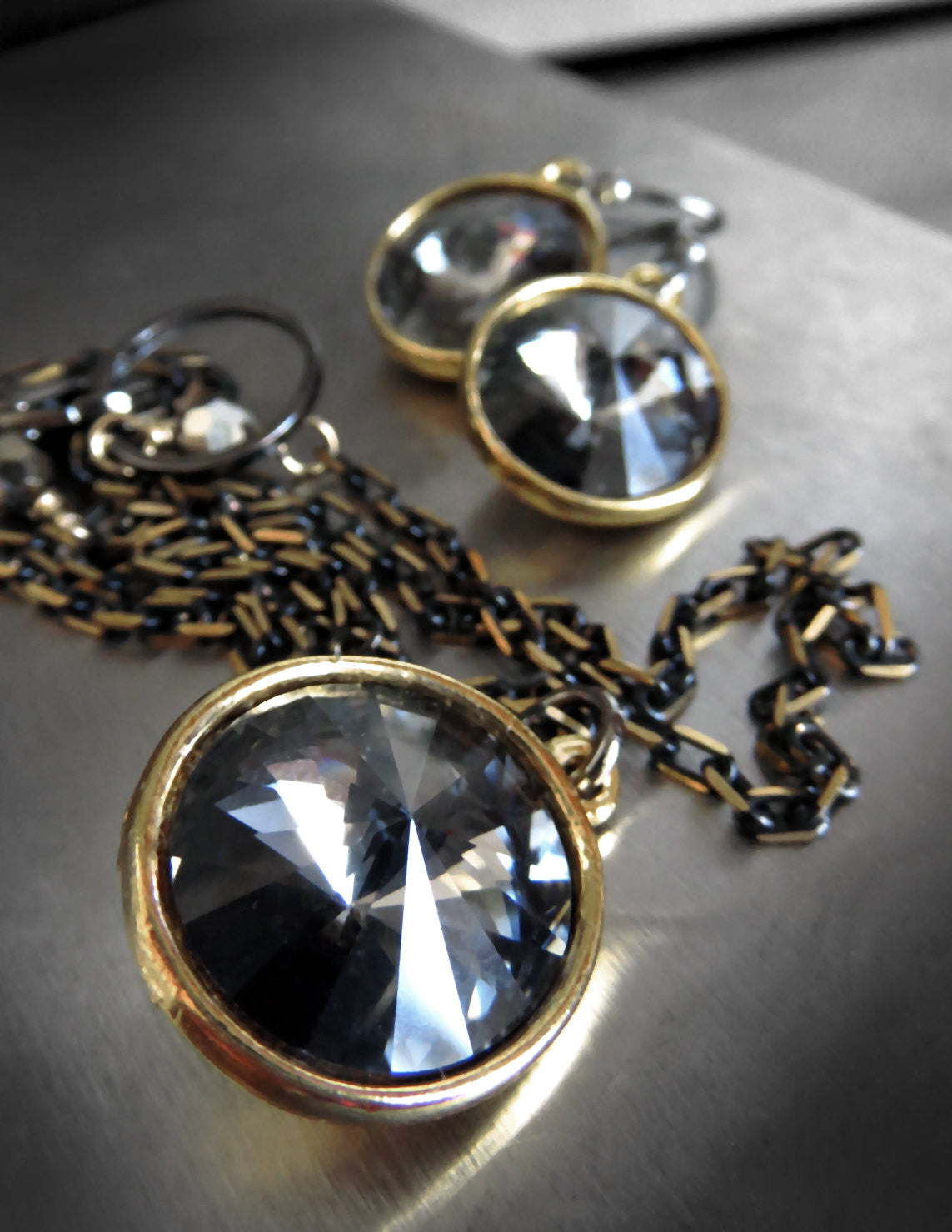 Black Night Crystal Rivoli Necklace with Gold Bezel