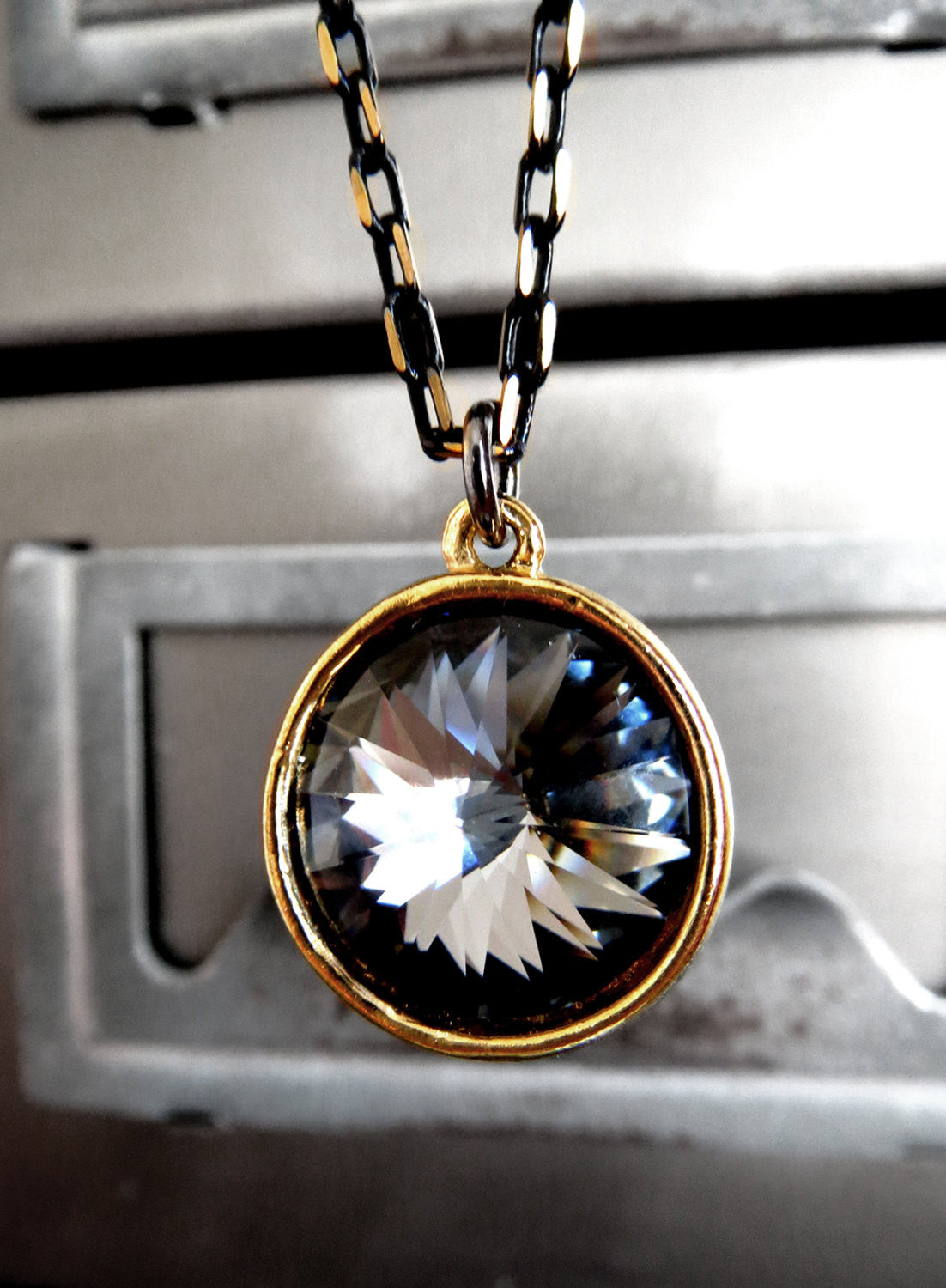 Black Night Crystal Rivoli Necklace with Gold Bezel
