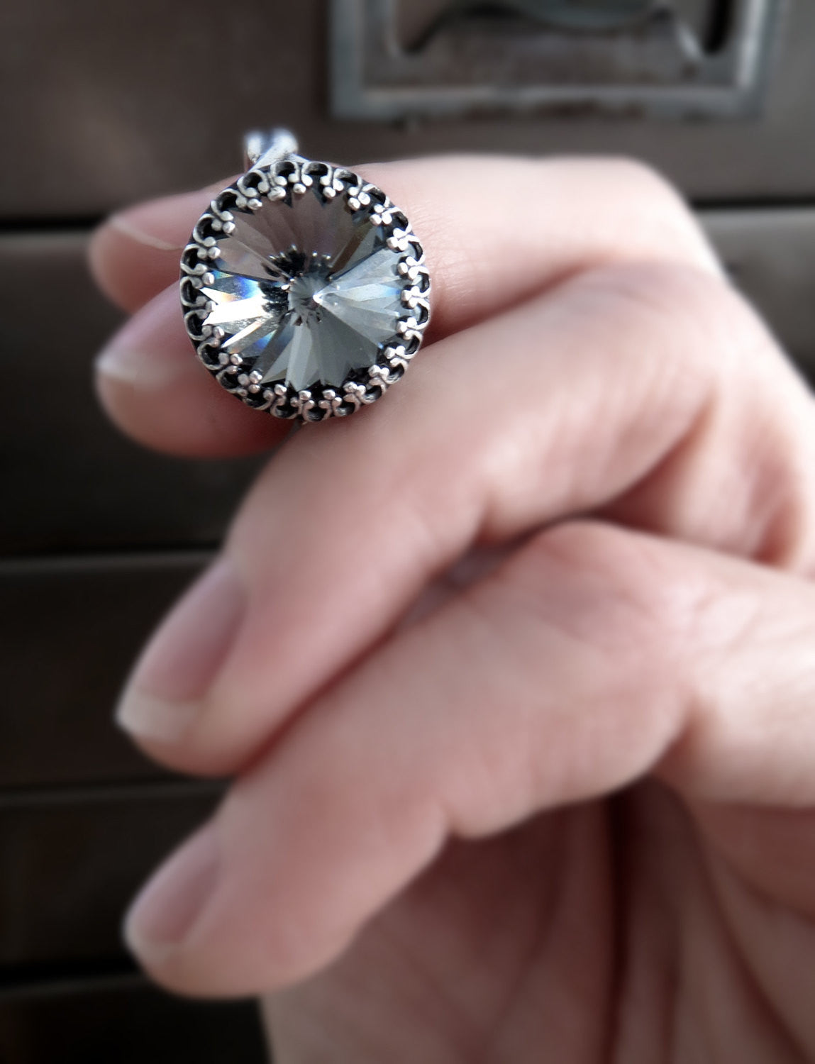 Black Night Crystal Rivoli Ring with Crown Bezel