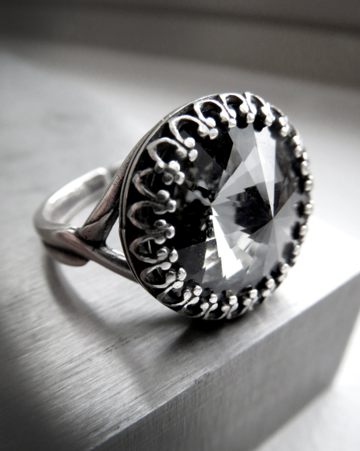 Black Night Crystal Rivoli Ring with Crown Bezel