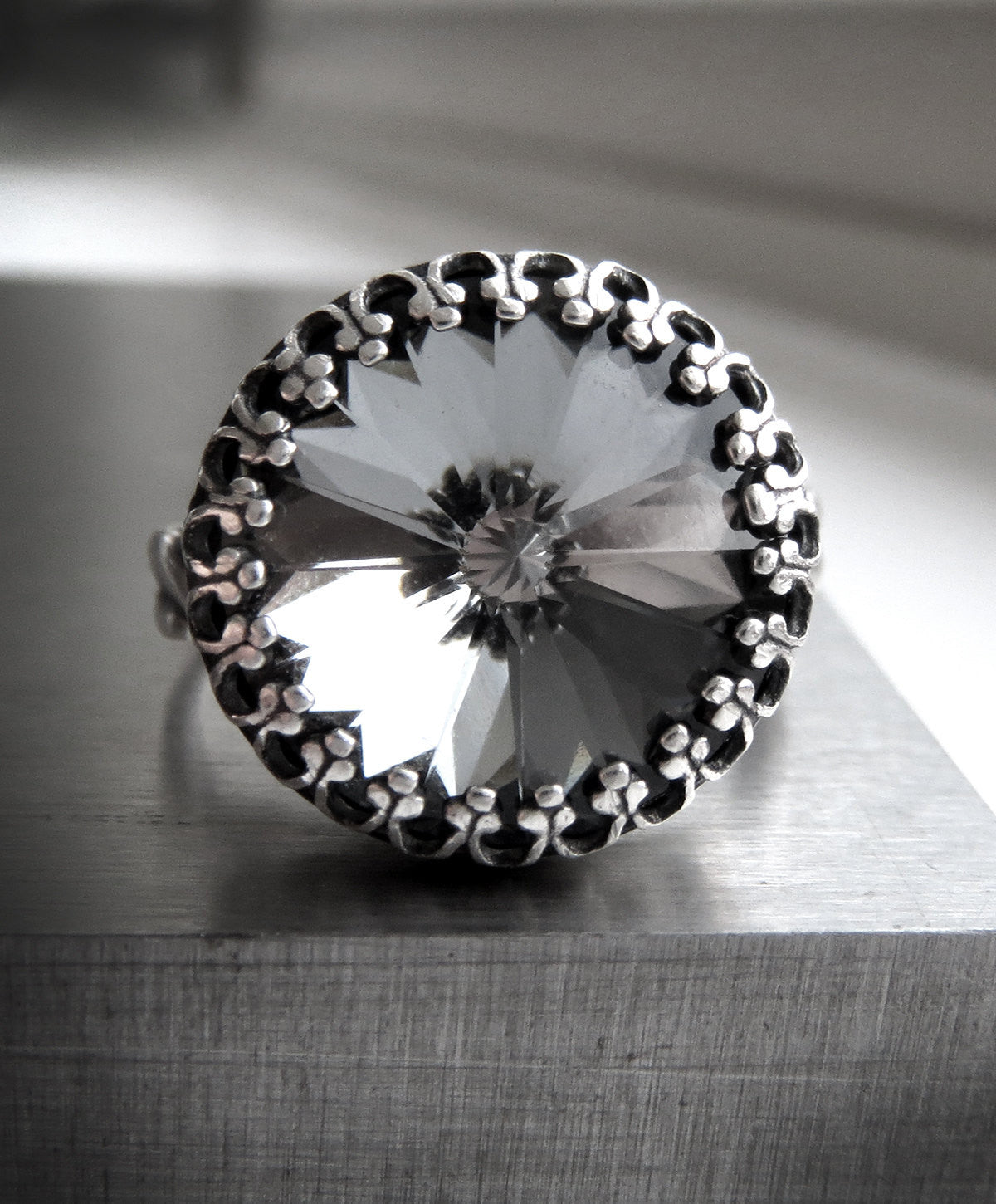 Black Night Crystal Rivoli Ring with Crown Bezel