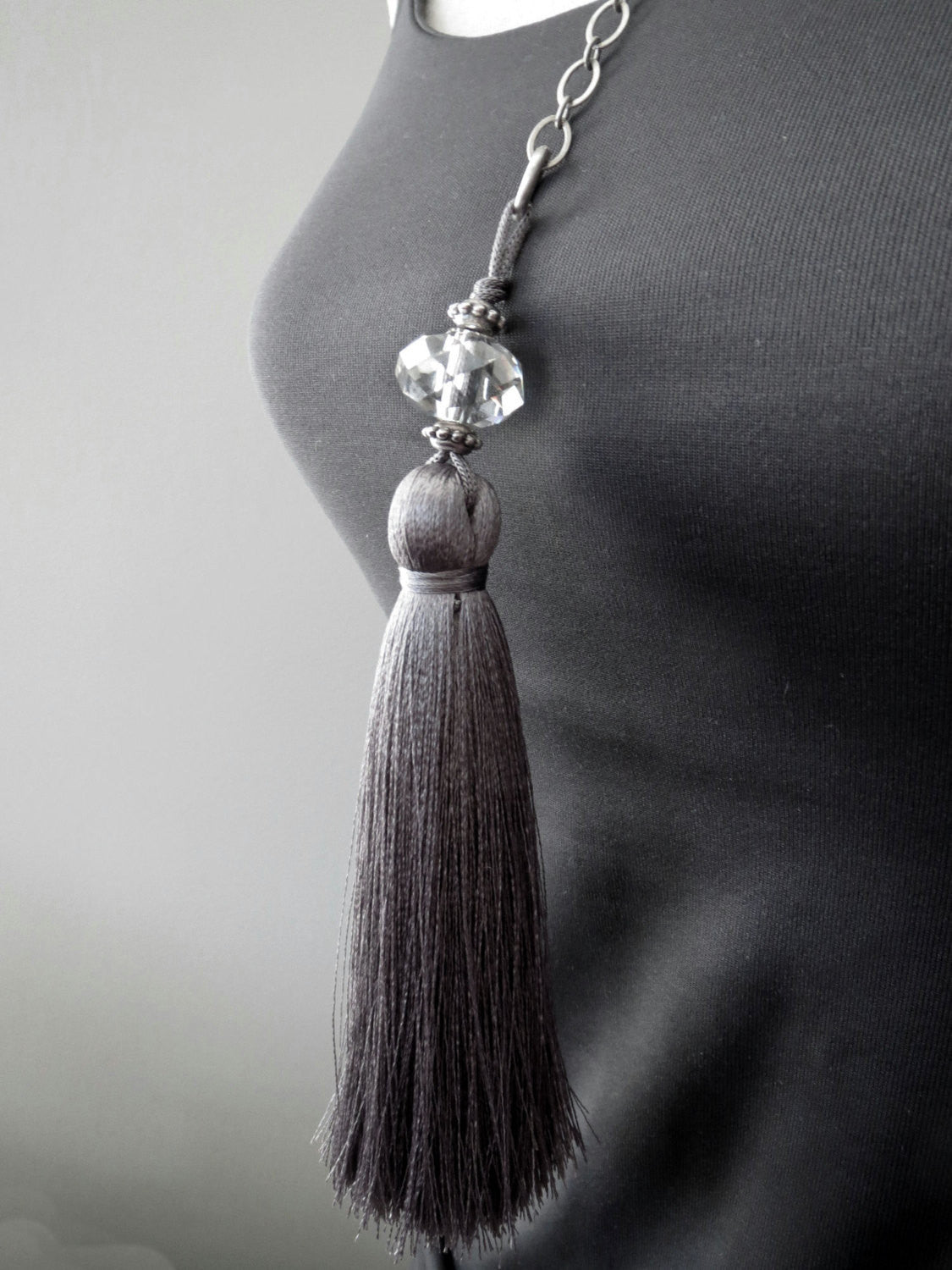 Grey Silk Tassel Necklace with  Crystal
