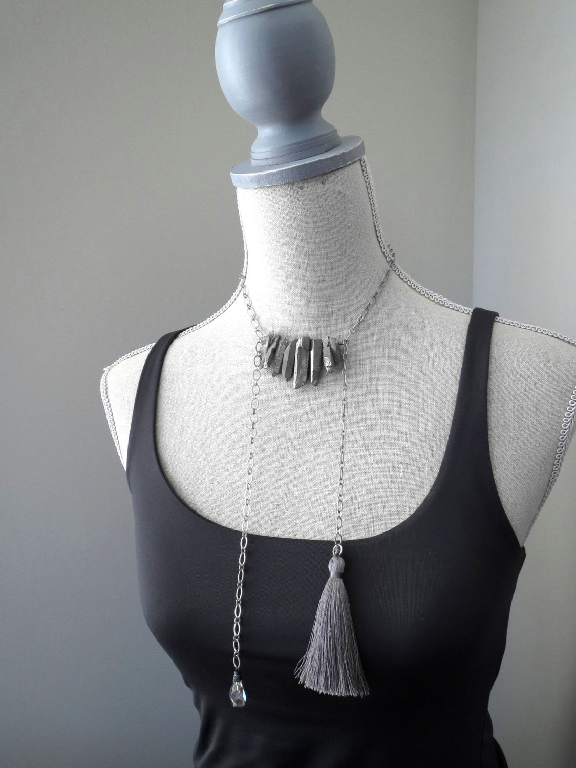 ASYMMETRY - Rough Cut Titanium Quartz, Silk Tassel & Crystal Necklace