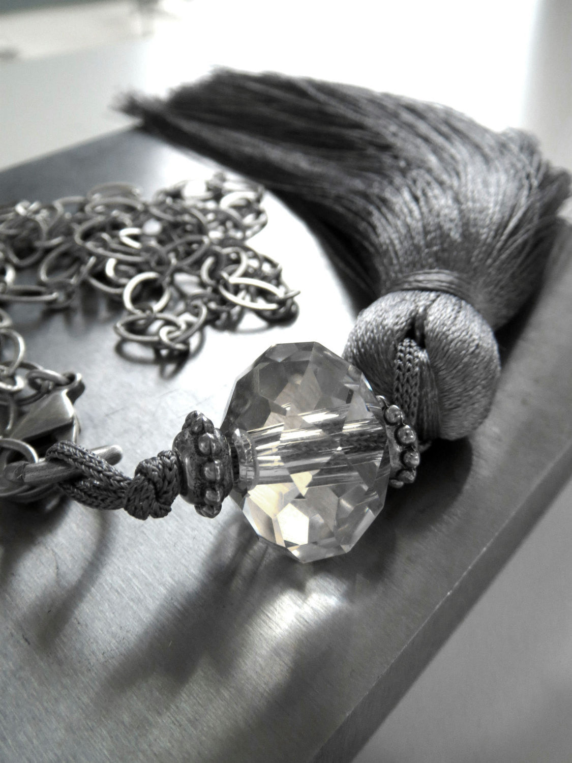Grey Silk Tassel Necklace with  Crystal