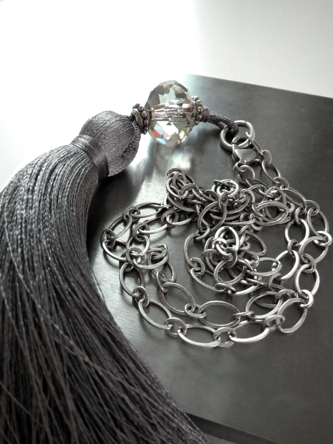 Grey Silk Tassel Necklace with  Crystal