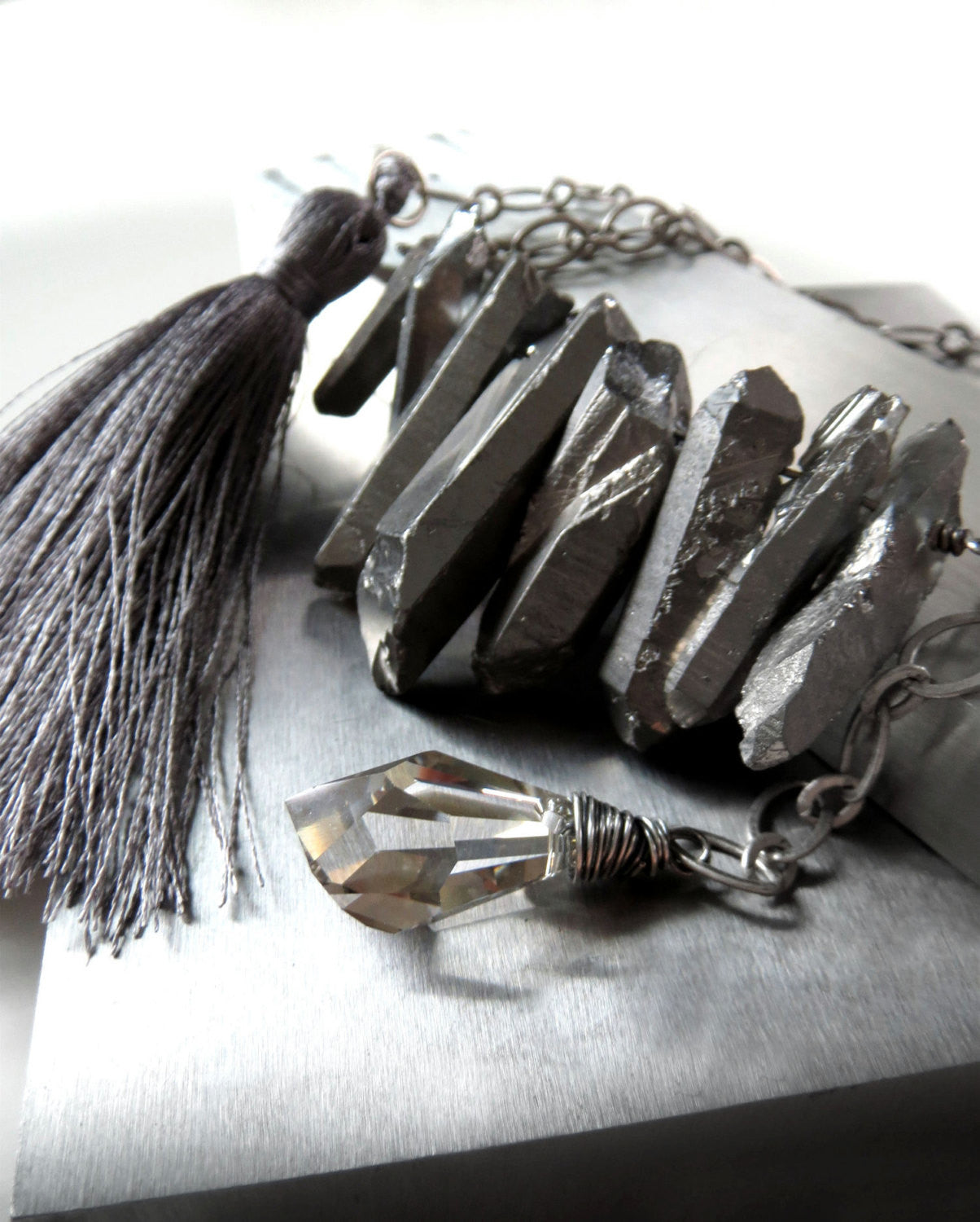 ASYMMETRY - Rough Cut Titanium Quartz, Silk Tassel & Crystal Necklace
