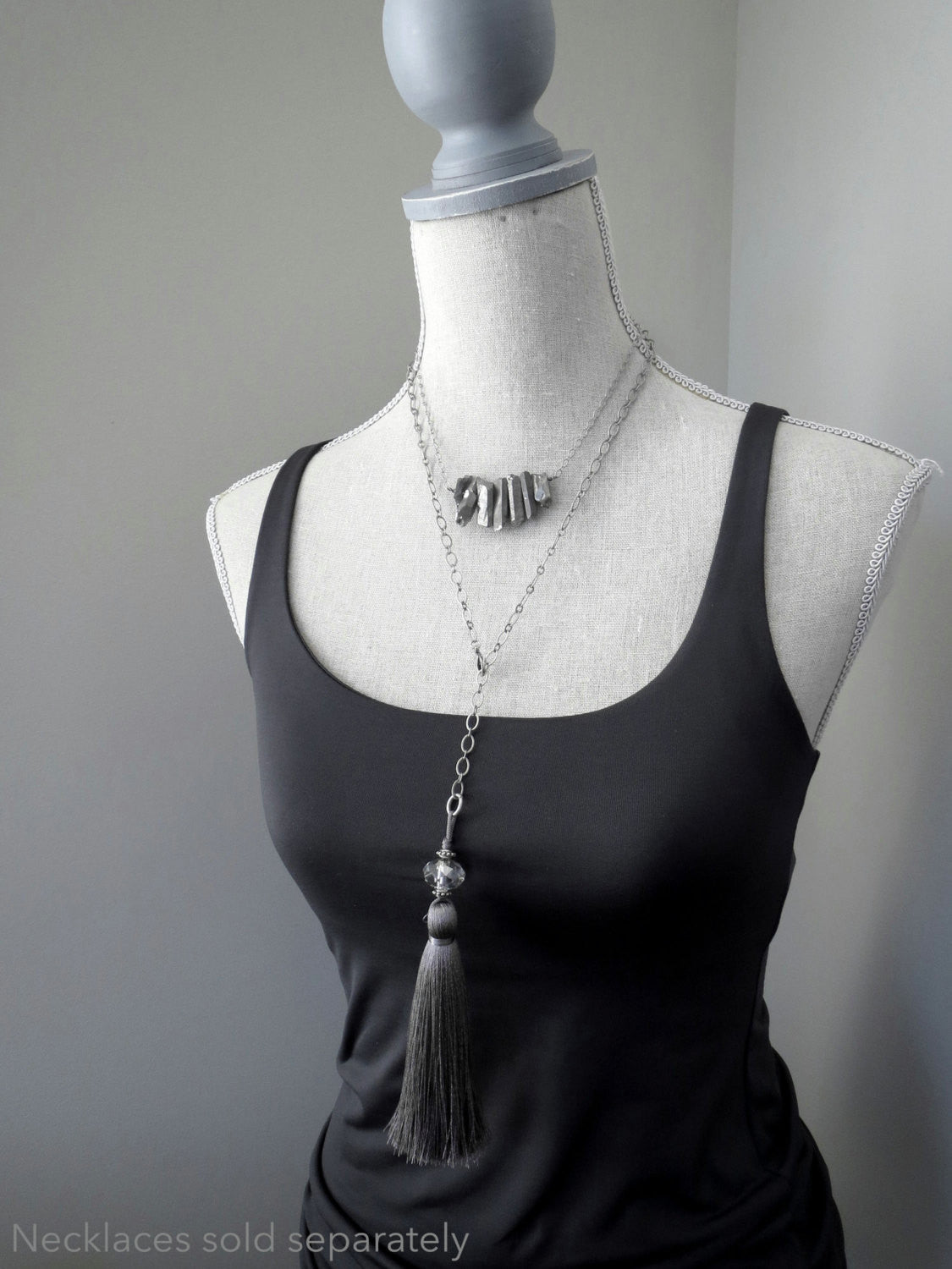 Grey Silk Tassel Necklace with  Crystal